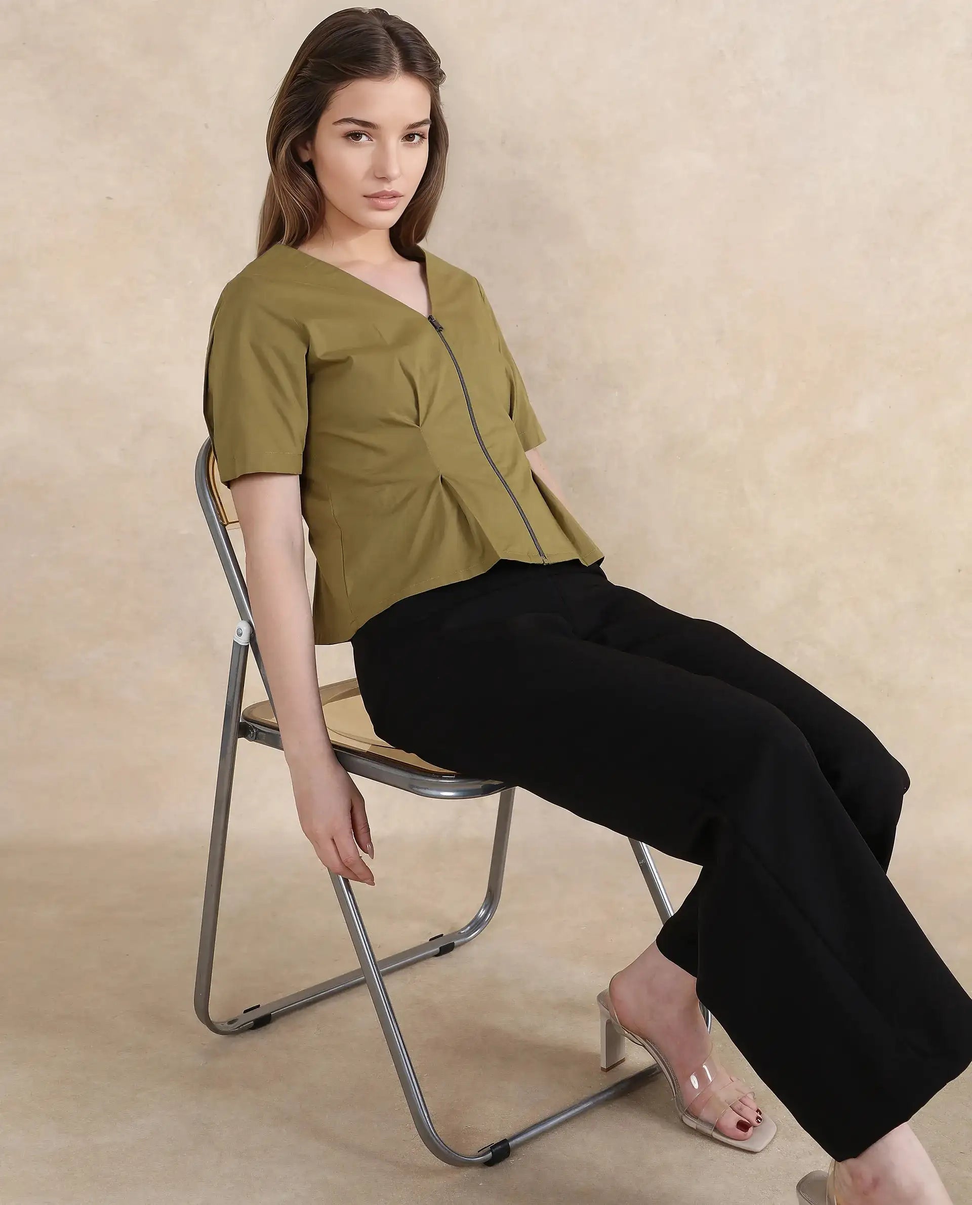 Rareism Women's Funit Dusky Olive Cotton Blend V-Neck Plain Fashion Sleeve Crop Regular Fit Top