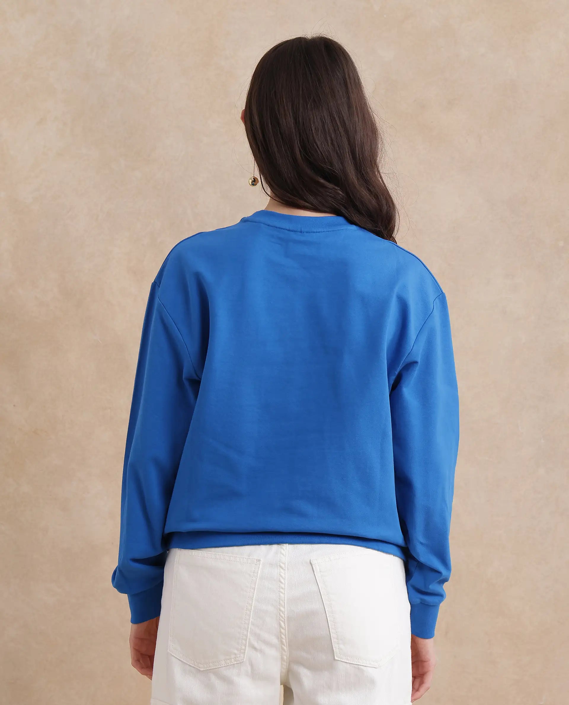 Rareism Women's Fuzer Blue Cotton Blend Crew Neck Graphic Print Relaxed Fit Sweatshirt