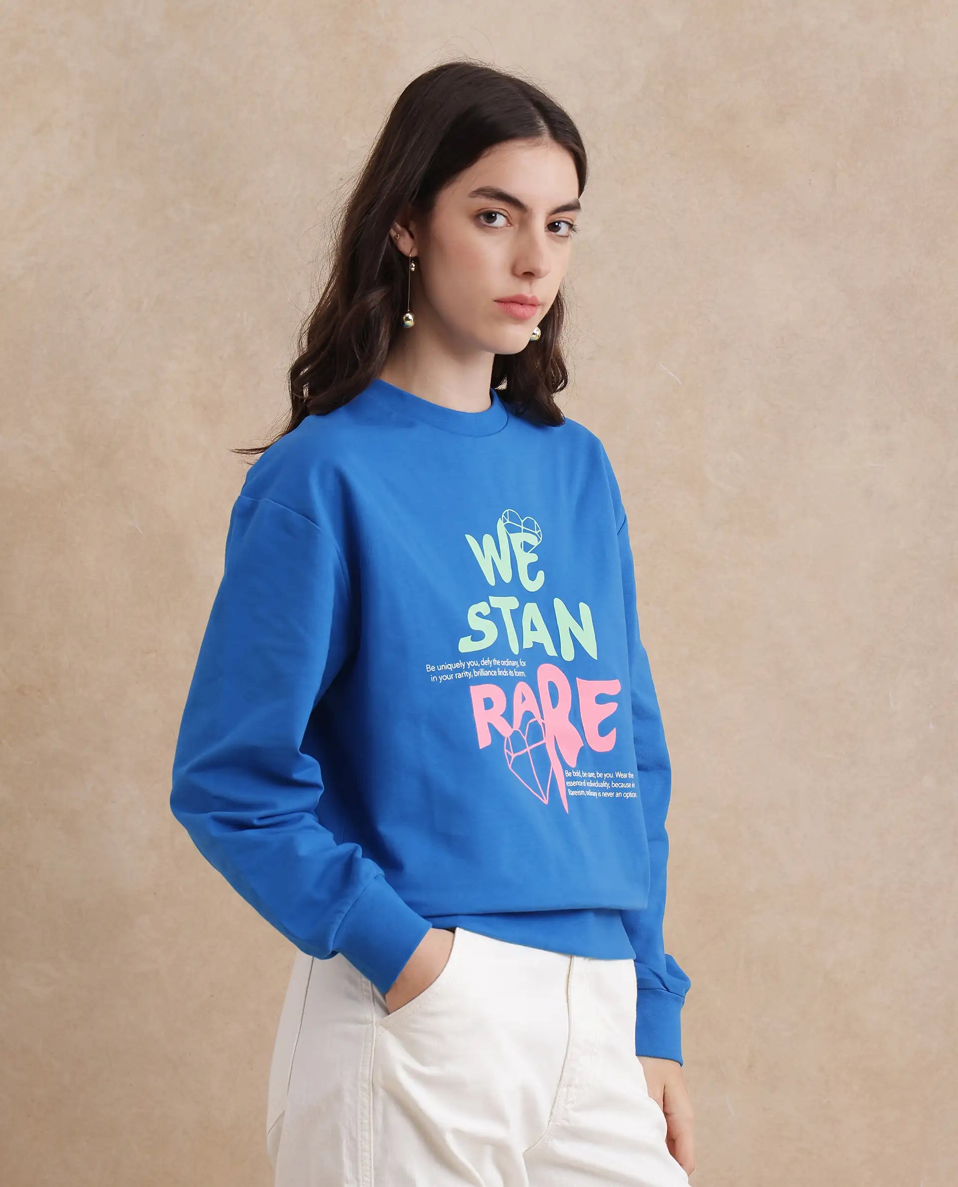 Rareism Women's Fuzer Blue Cotton Blend Crew Neck Graphic Print Relaxed Fit Sweatshirt