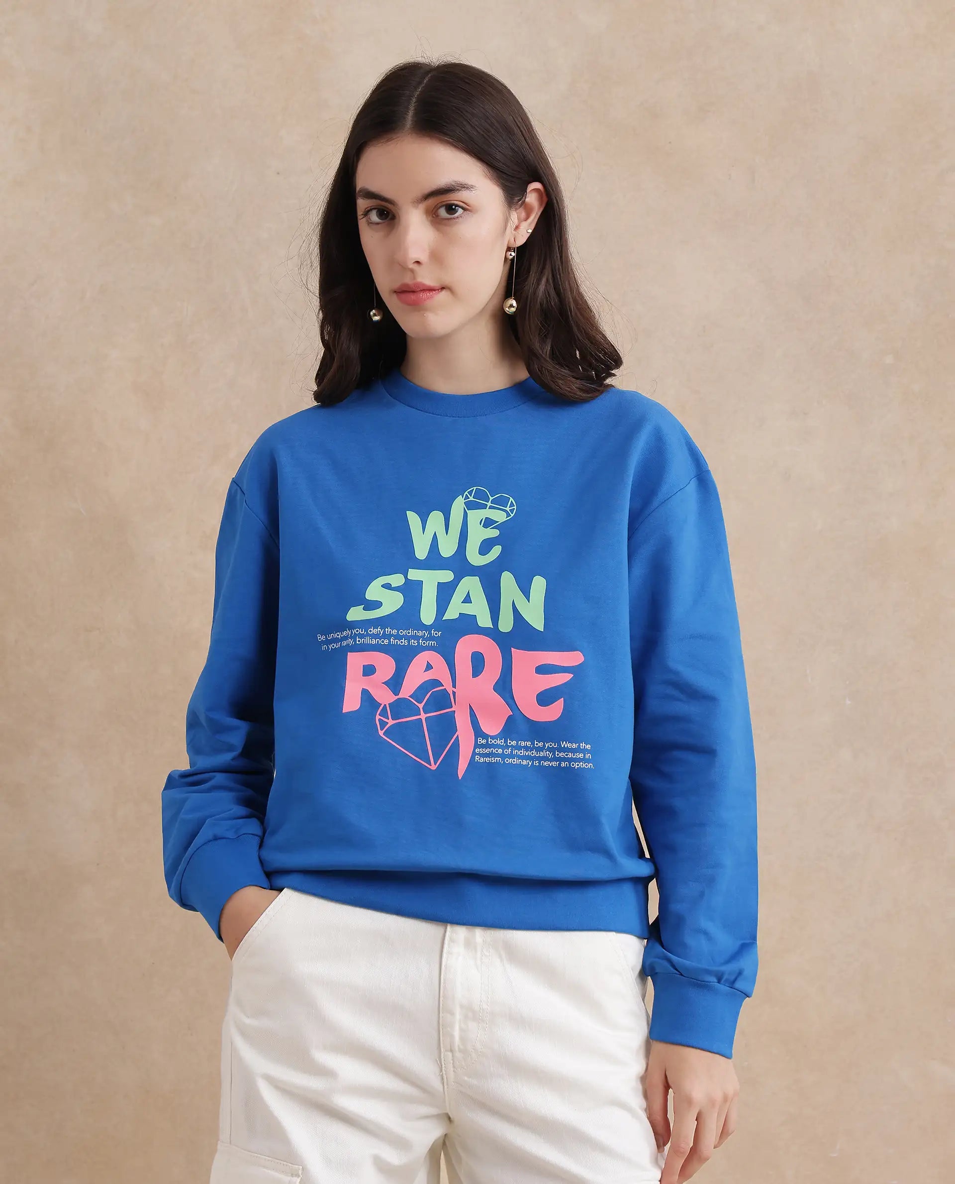 Rareism Women's Fuzer Blue Cotton Blend Crew Neck Graphic Print Relaxed Fit Sweatshirt
