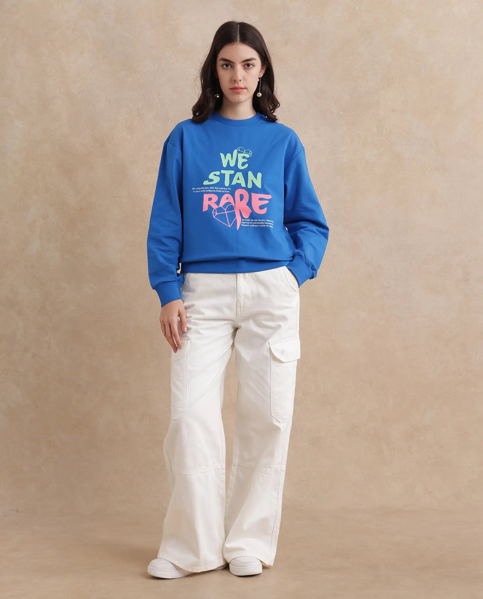 Rareism Women's Fuzer Blue Cotton Blend Crew Neck Graphic Print Relaxed Fit Sweatshirt