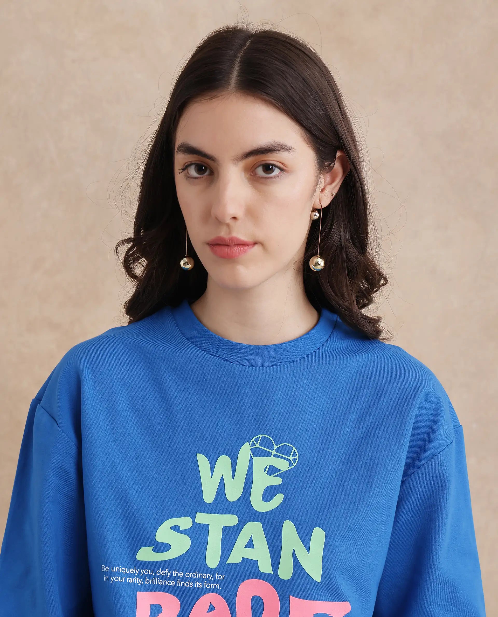 Rareism Women's Fuzer Blue Cotton Blend Crew Neck Graphic Print Relaxed Fit Sweatshirt