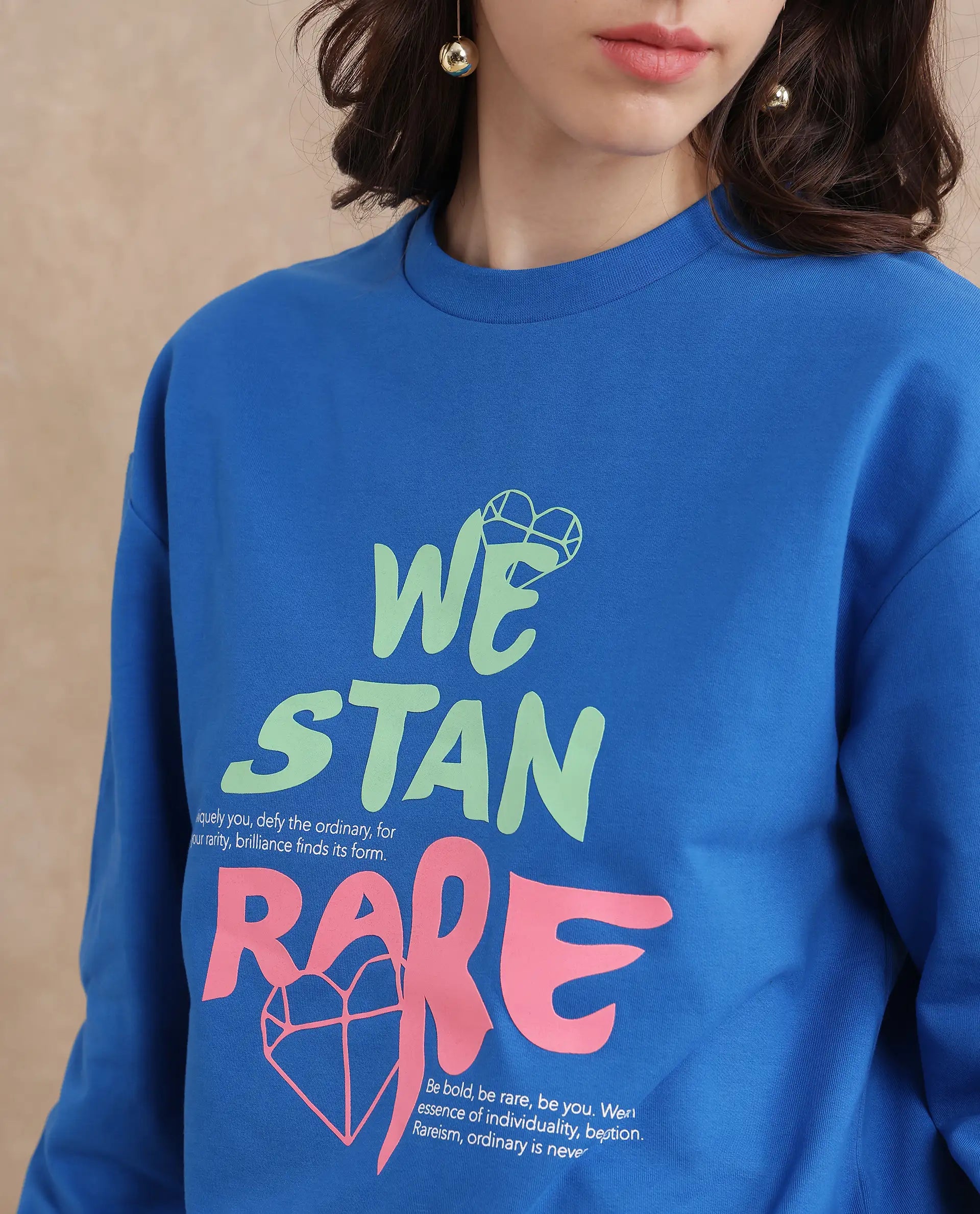 Rareism Women's Fuzer Blue Cotton Blend Crew Neck Graphic Print Relaxed Fit Sweatshirt