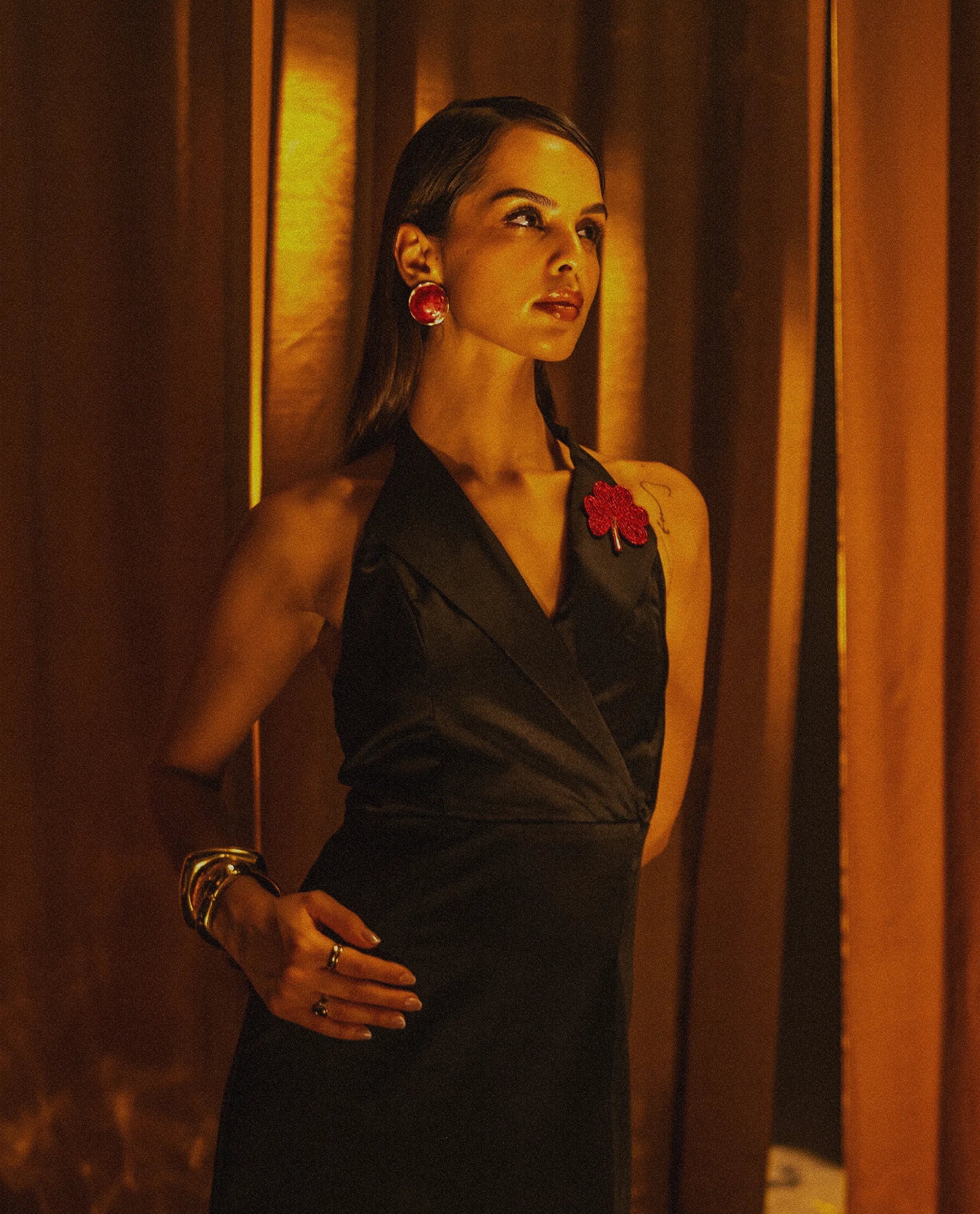 Rareism Women's Avila Black Polyester Halter Neck Fitted Plain Dress