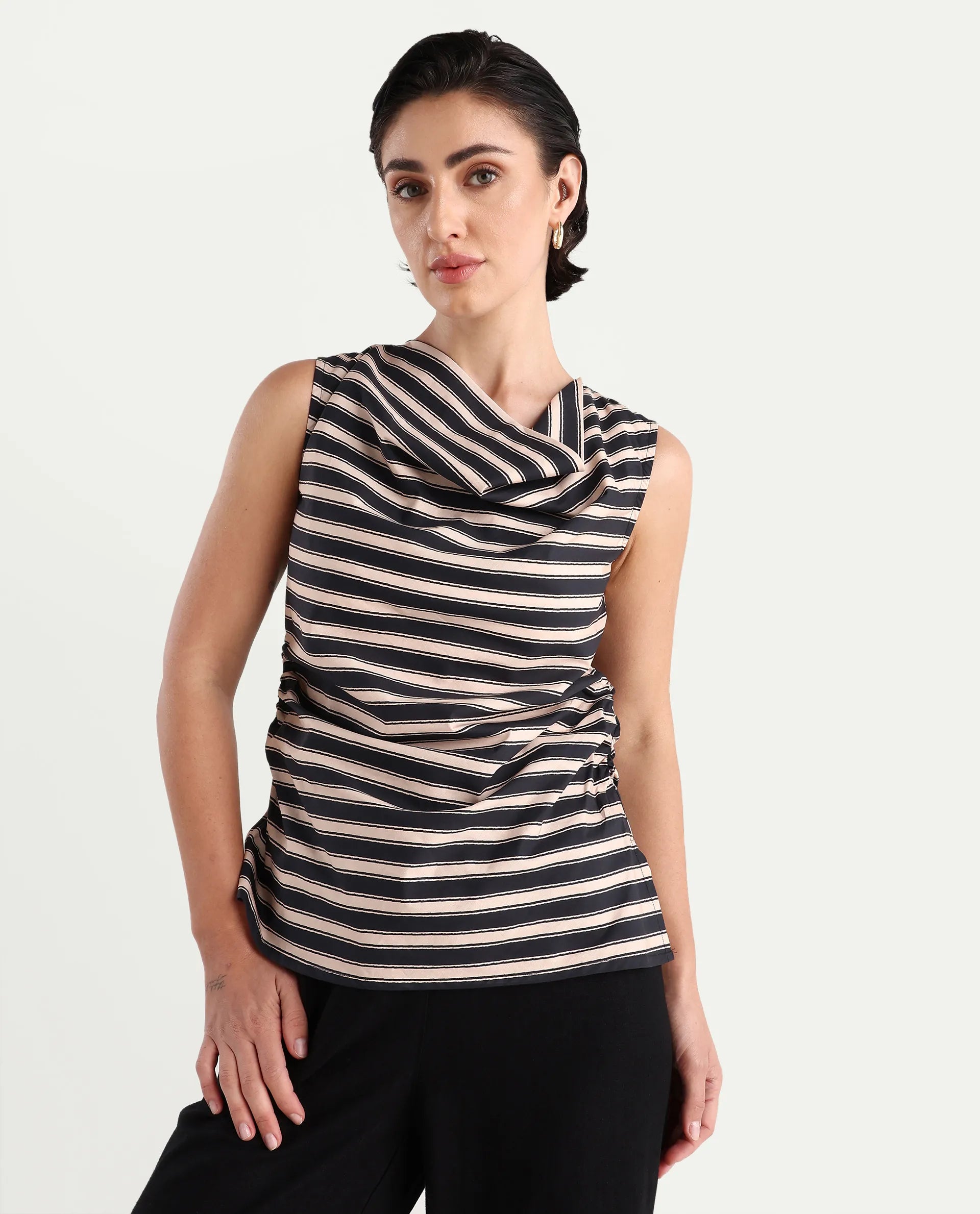 Rareism Women's Gaaro Black Poplin Cowl Neck Striped Sleeveless Regular Fit Top
