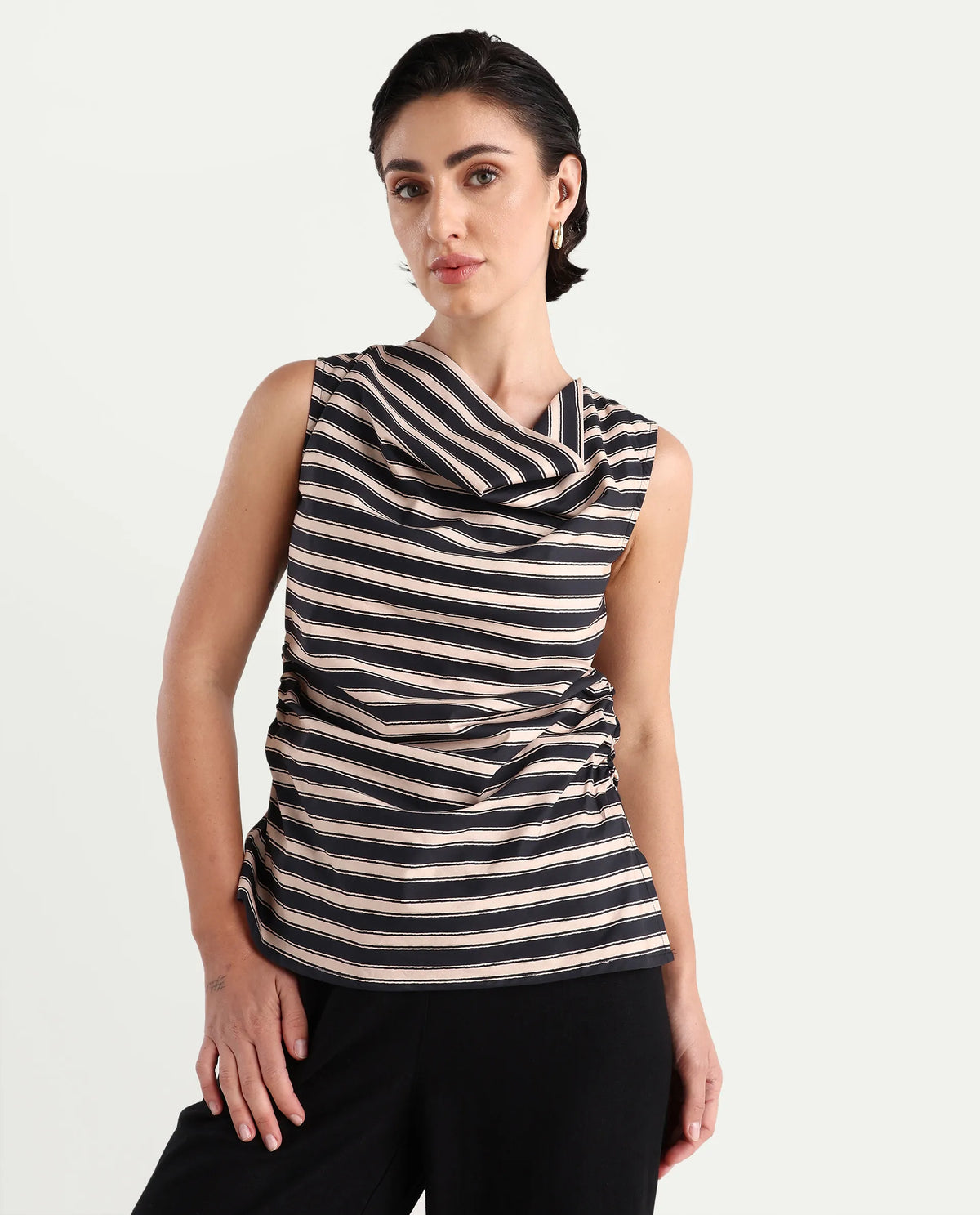 Rareism Women's Gaaro Black Poplin Cowl Neck Striped Sleeveless Regular Fit Top
