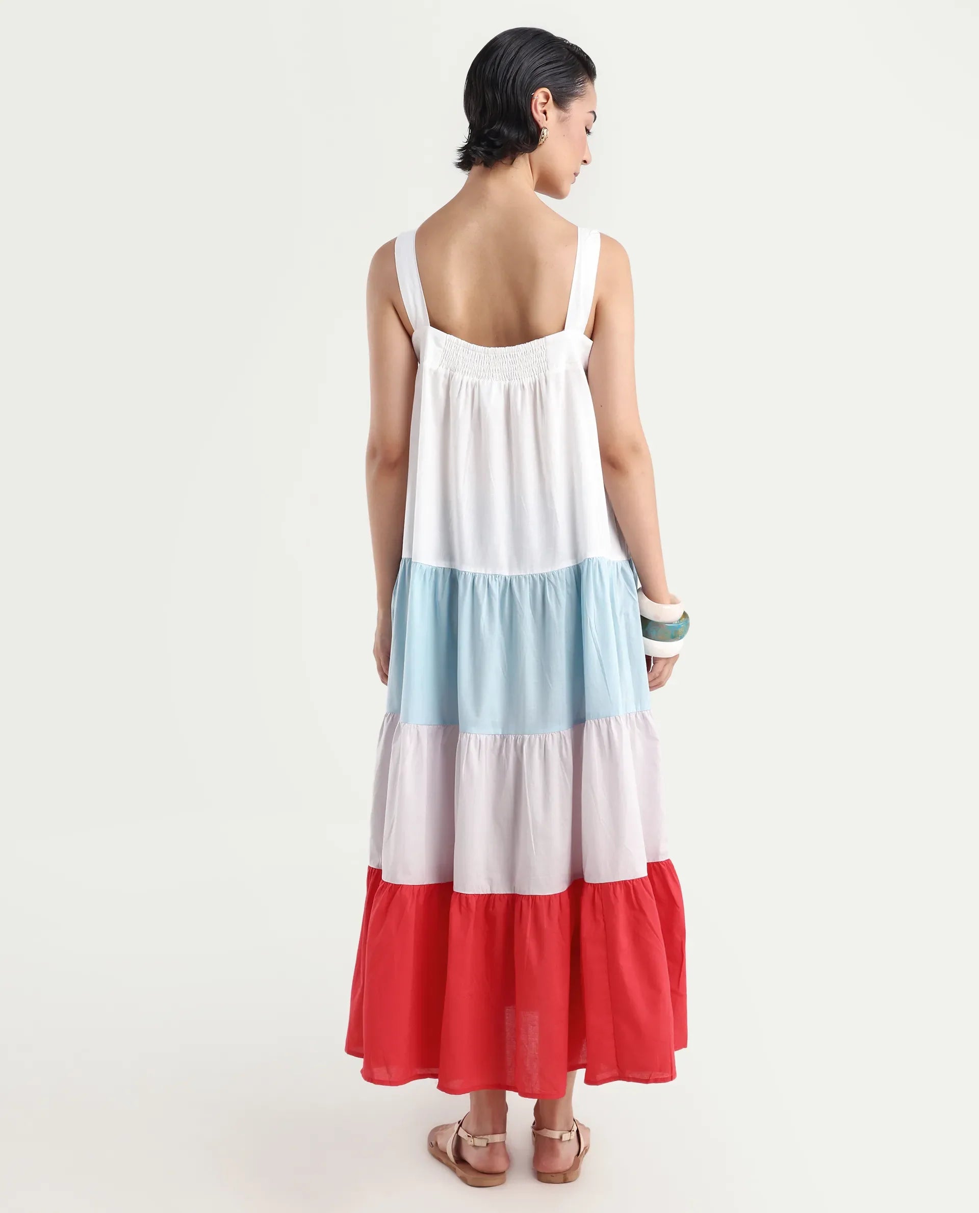 Rareism Women's Gama Multi Tube Neck Color Block Sleeveless Maxi Regular Fit Dress