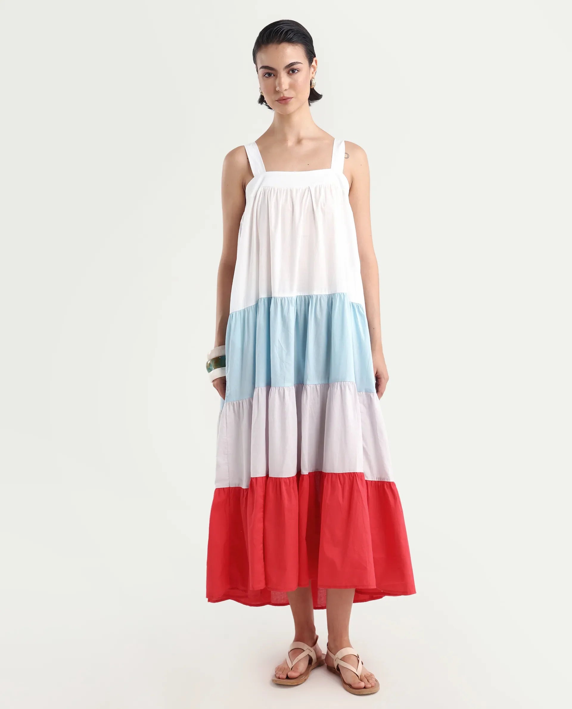 Rareism Women's Gama Multi Tube Neck Color Block Sleeveless Maxi Regular Fit Dress