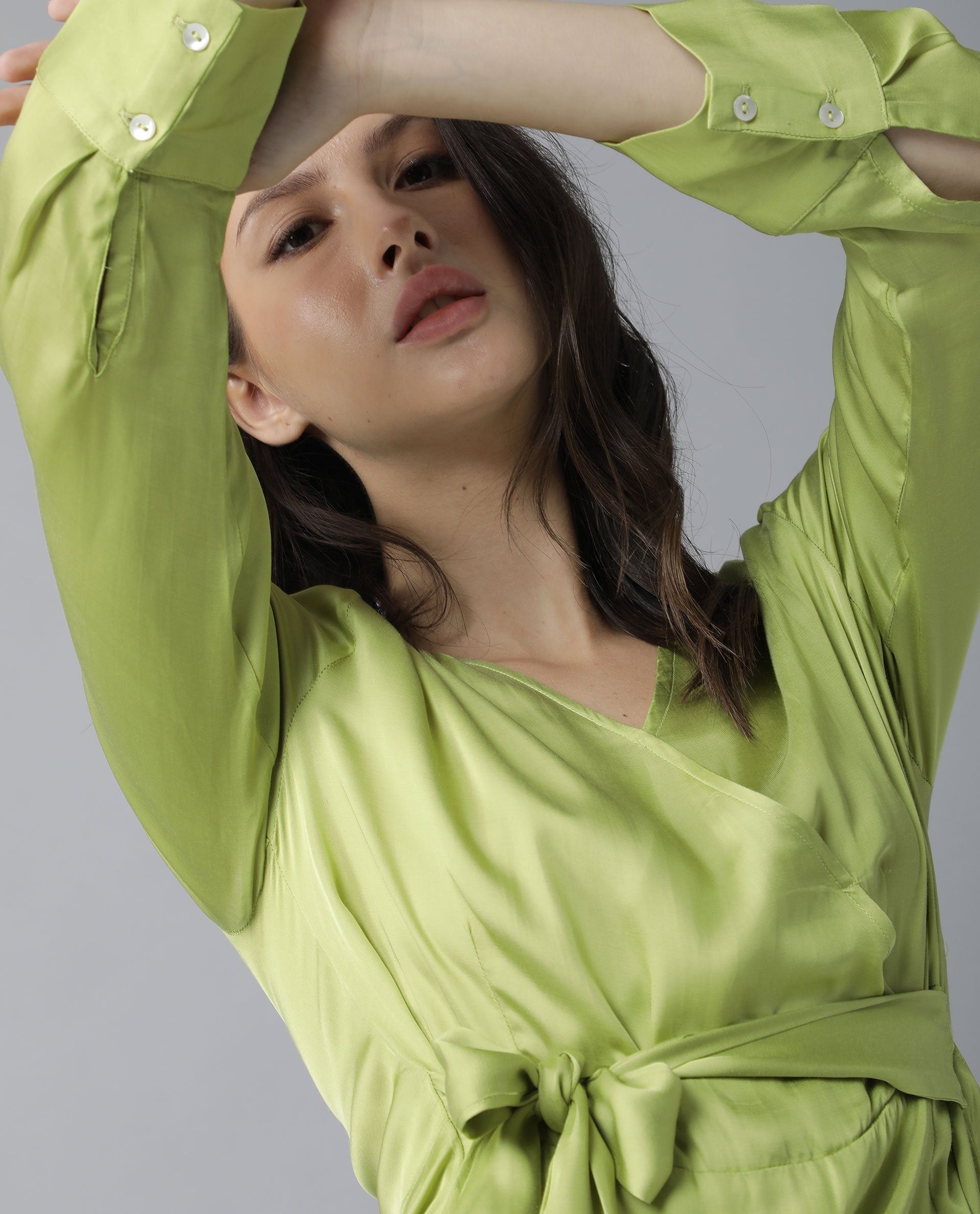 Rareism Womens Glam Green Dress Long Sleeve Short Length
