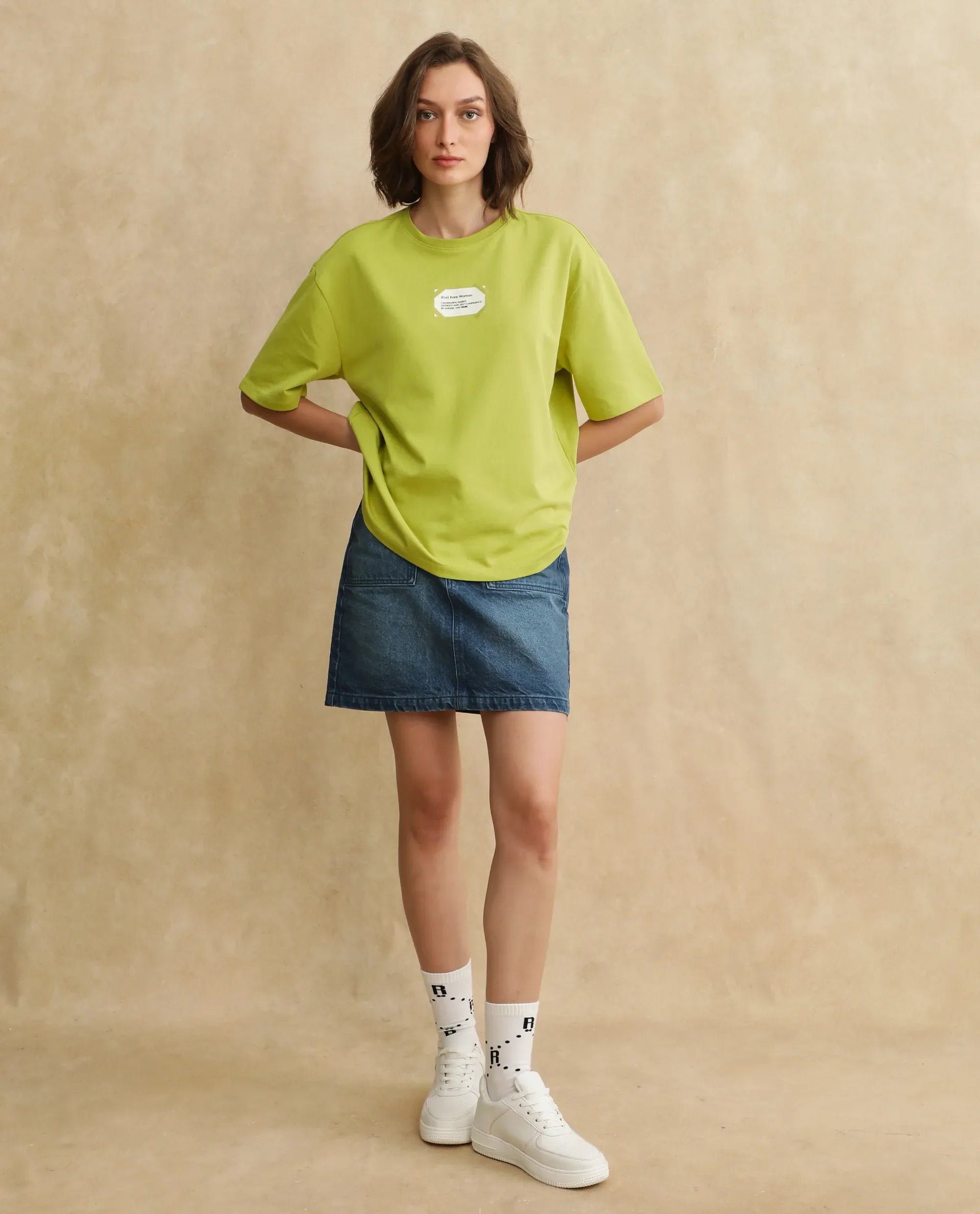 Rareism Women's Gare Flouroscent Green Polyester Blend Crew Neck Graphic Print Oversized T-Shirt