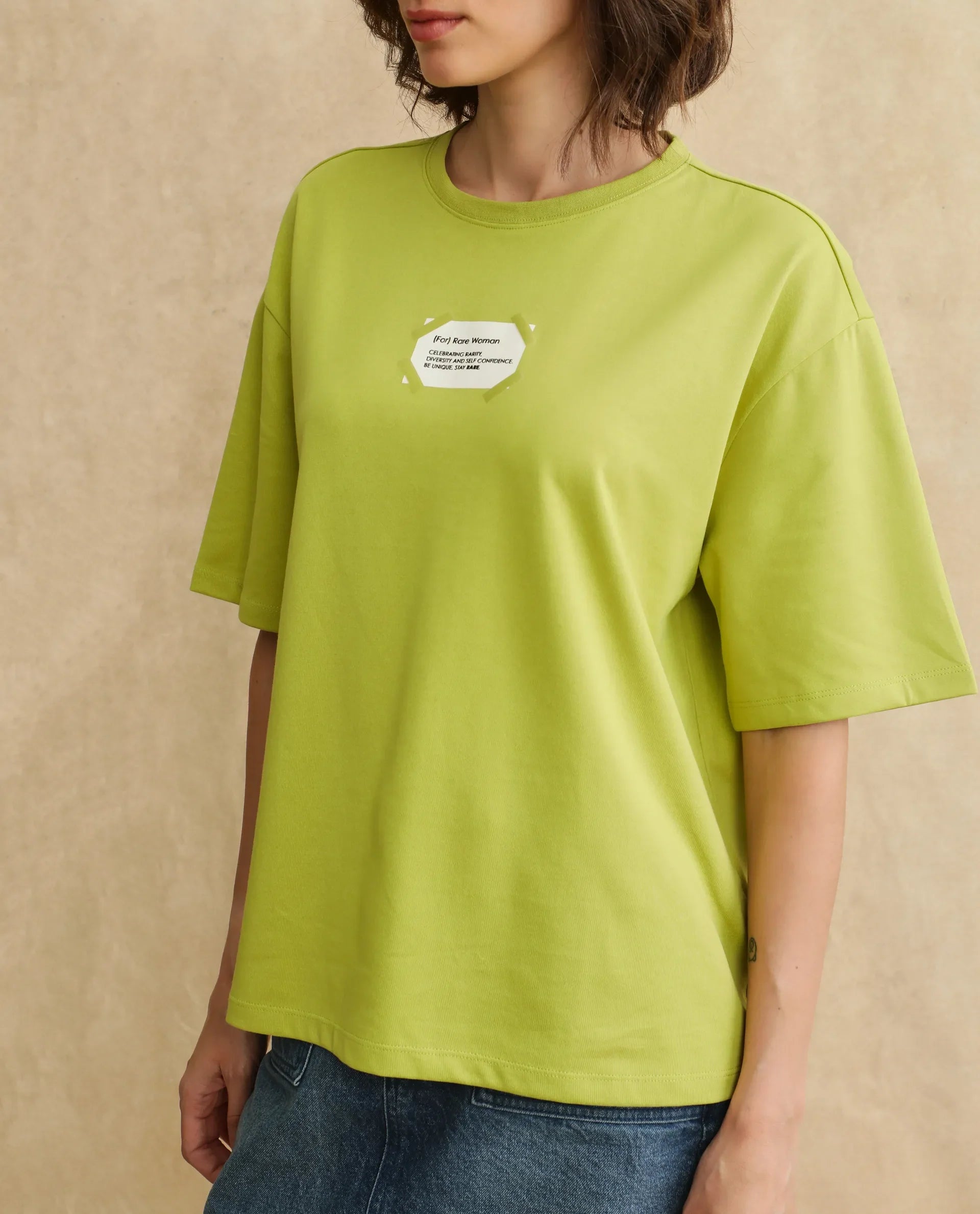 Rareism Women's Gare Flouroscent Green Polyester Blend Crew Neck Graphic Print Oversized T-Shirt