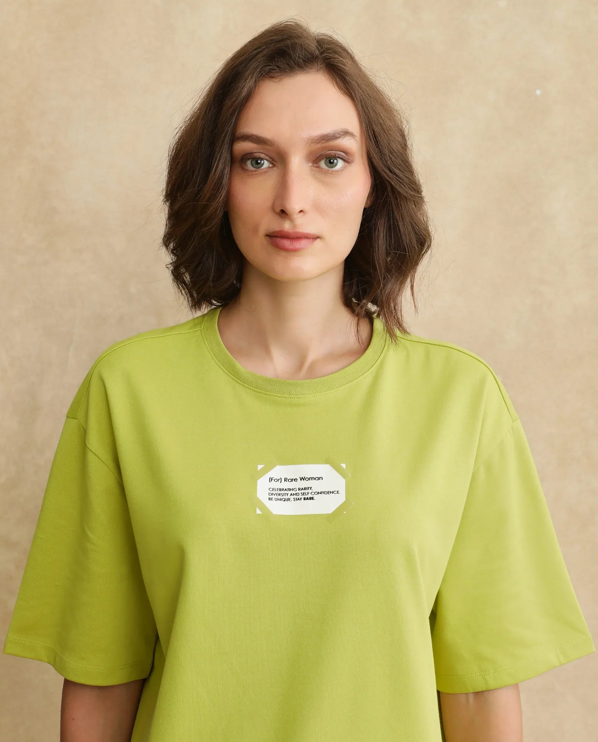 Rareism Women's Gare Flouroscent Green Polyester Blend Crew Neck Graphic Print Oversized T-Shirt