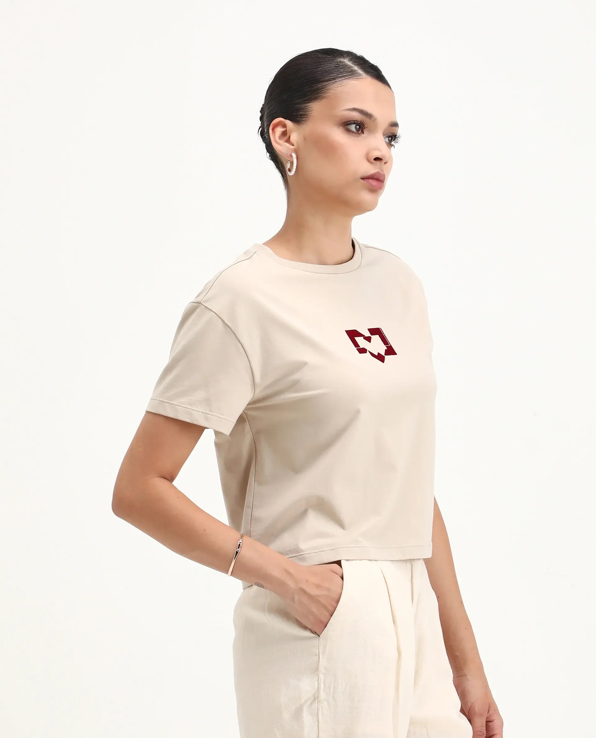 Rareism Women's Garn Beige Cotton Blend Crew Neck Regular Fit T-Shirt