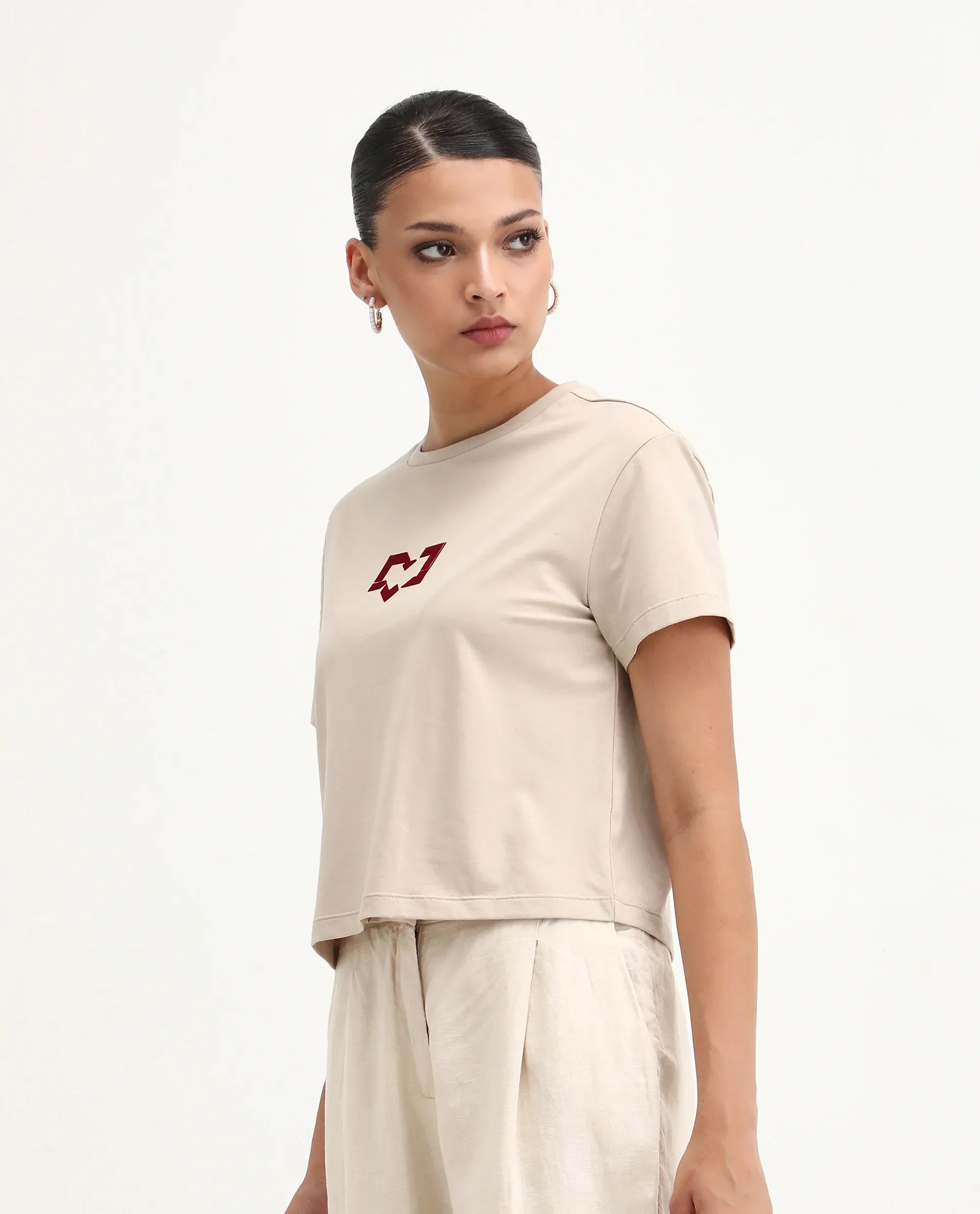 Rareism Women's Garn Beige Cotton Blend Crew Neck Regular Fit T-Shirt