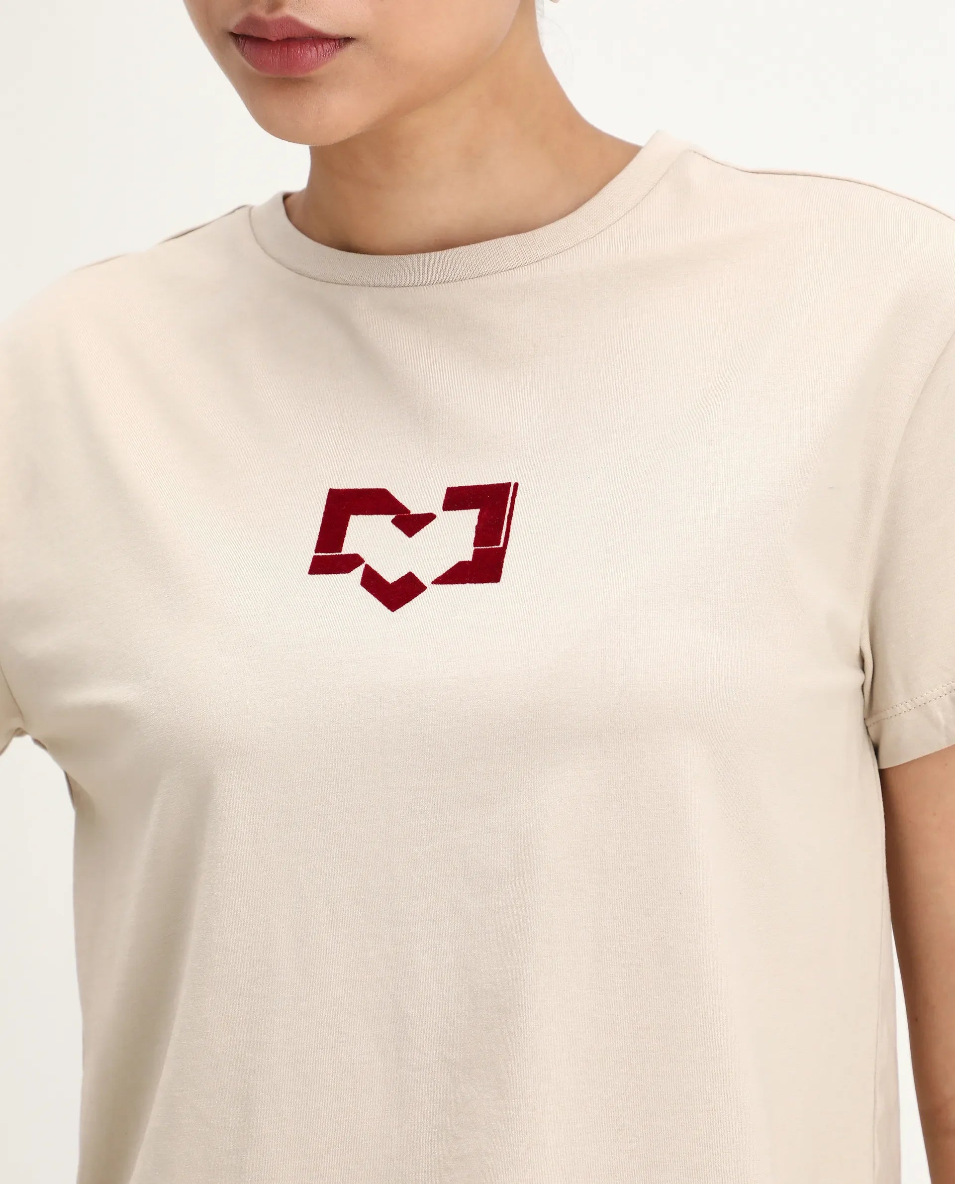 Rareism Women's Garn Beige Cotton Blend Crew Neck Regular Fit T-Shirt