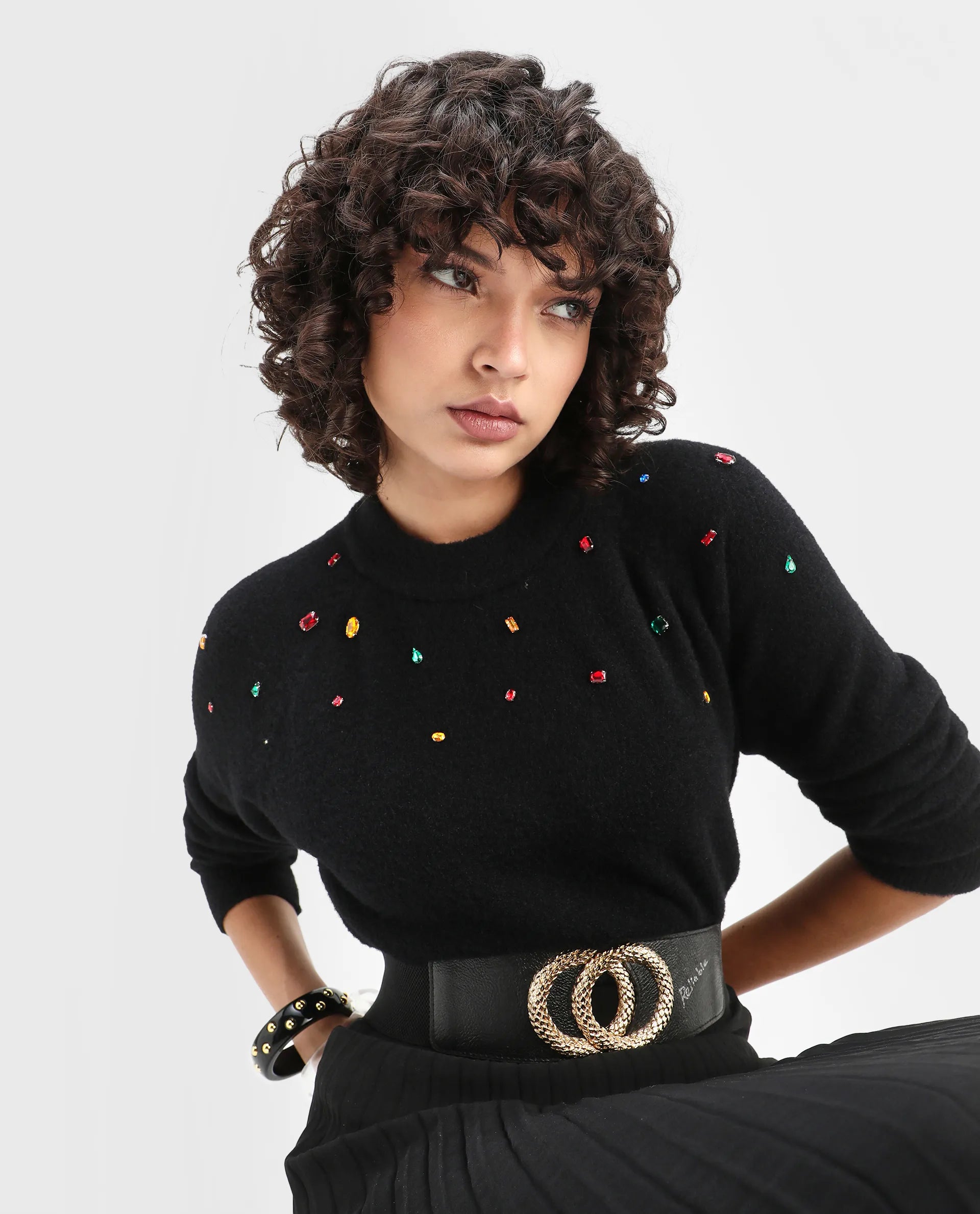 Rareism Women's Garnet Black Nylon Crew Neck Relaxed Fit Sweater