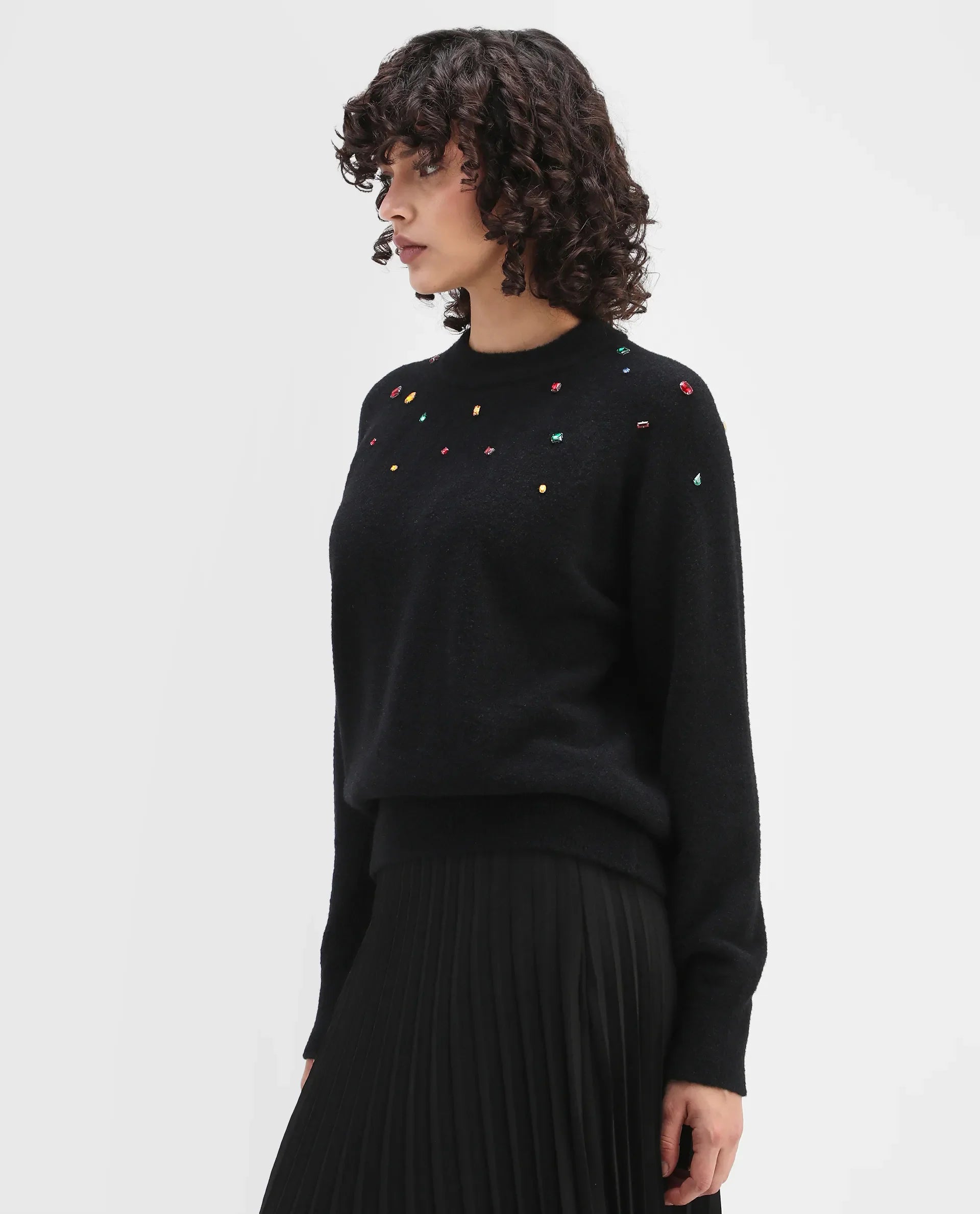 Rareism Women's Garnet Black Nylon Crew Neck Relaxed Fit Sweater