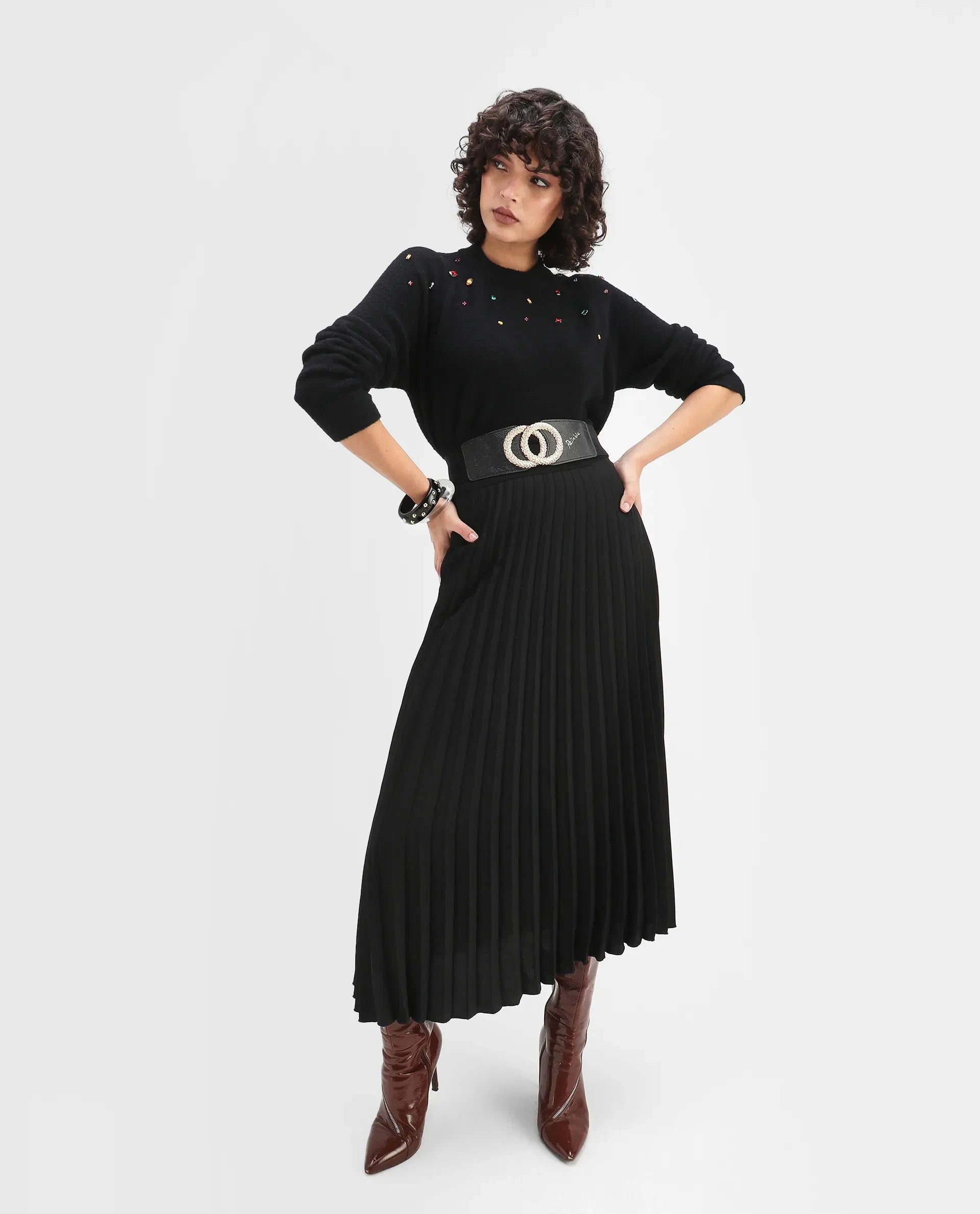 Rareism Women's Garnet Black Nylon Crew Neck Relaxed Fit Sweater