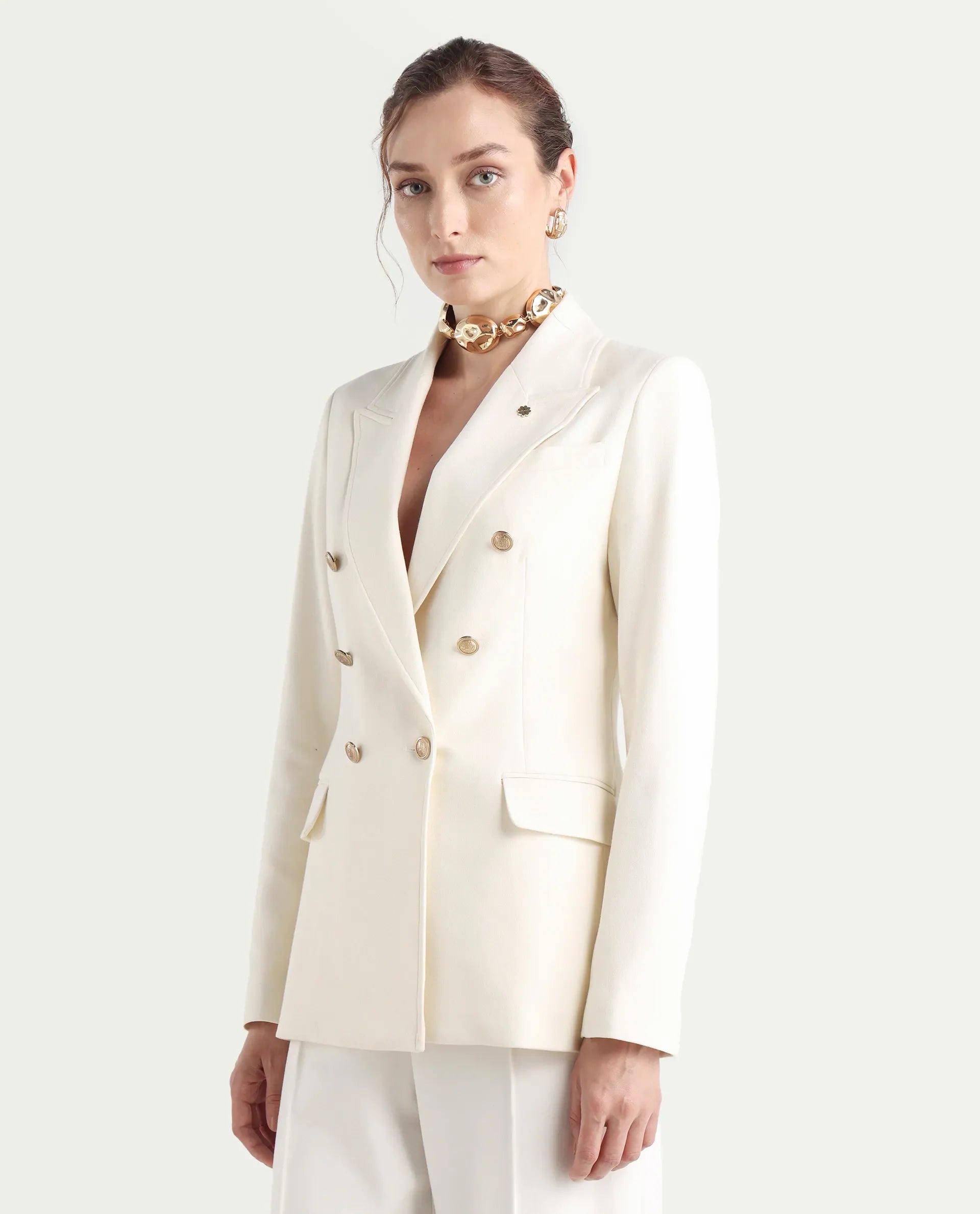 Rareism Women's Garoz Off White Polyester Blend Full Sleeve Lapel Collar Plain Blazer