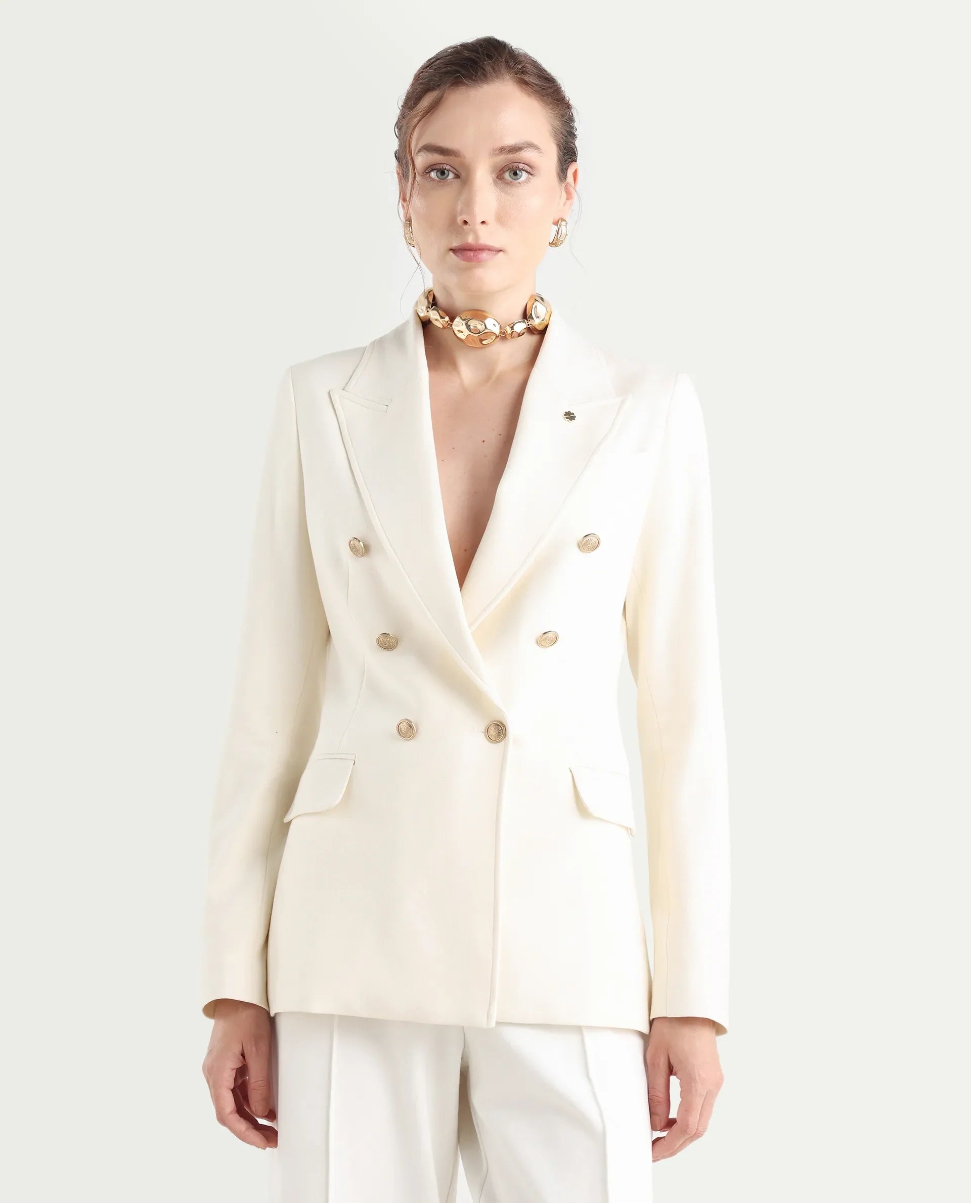 Rareism Women's Garoz Off White Polyester Blend Full Sleeve Lapel Collar Plain Blazer
