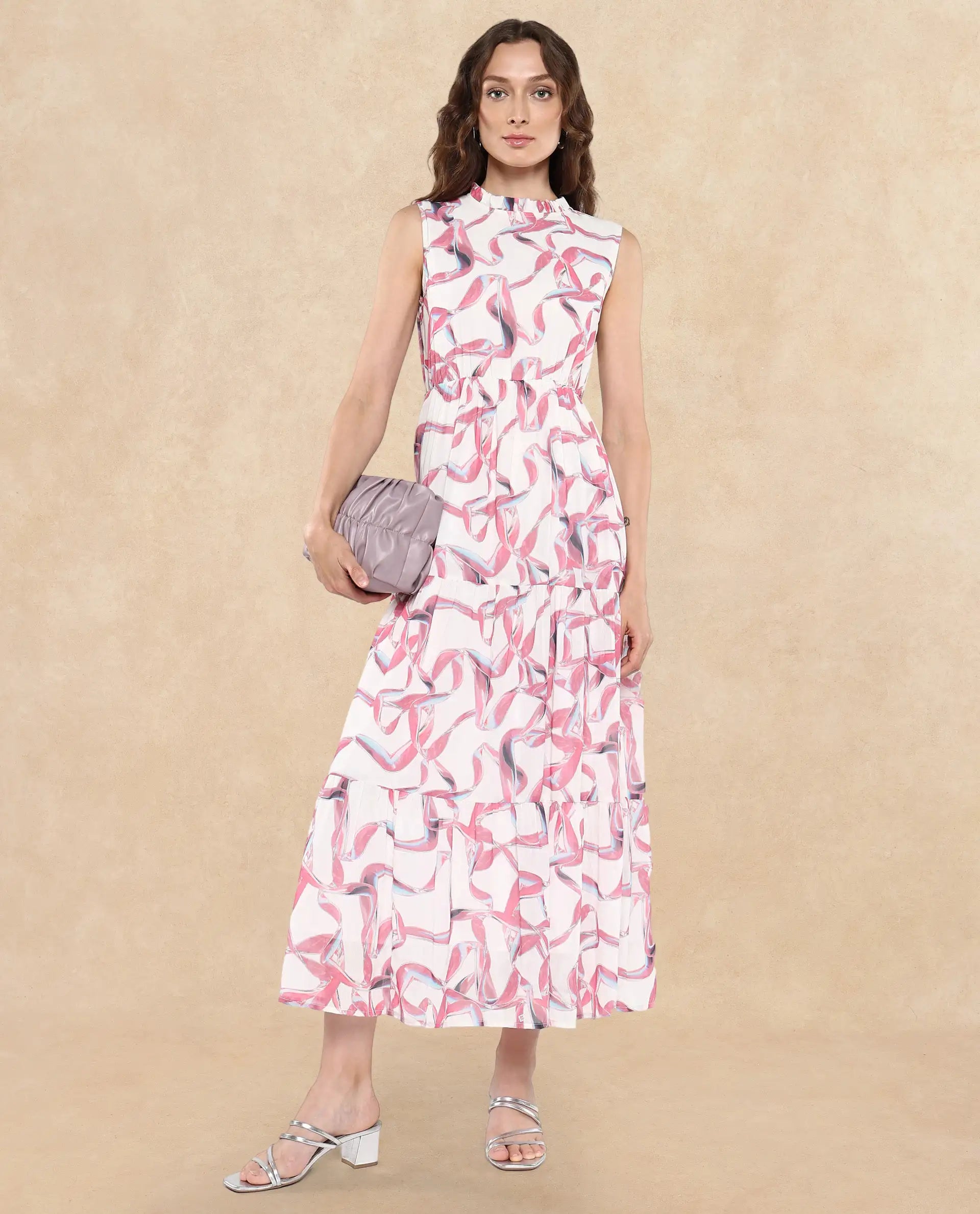 Rareism Women's Garp White Cotton Sweetheart Neck Abstract Print Sleeveless Maxi Tiered Dress