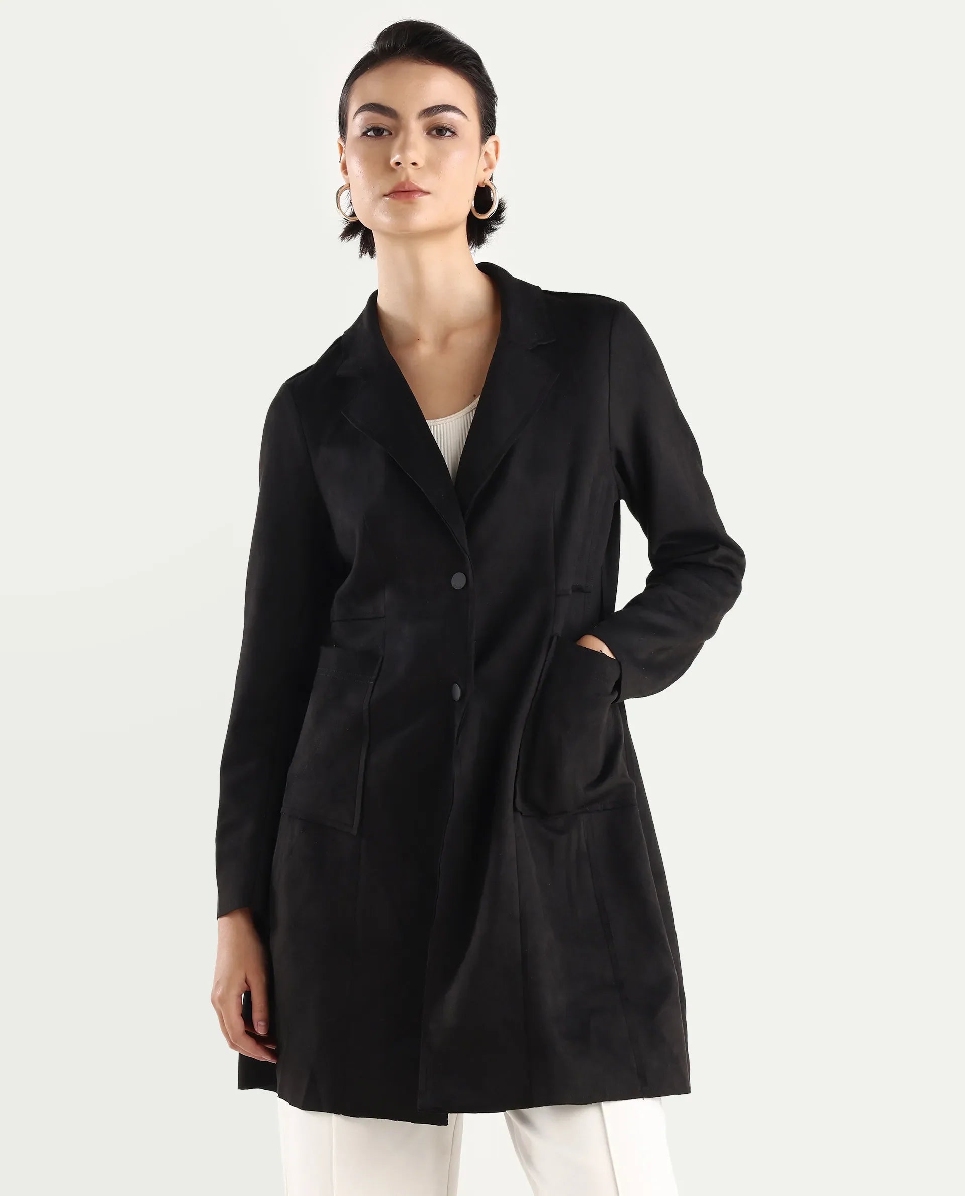 Rareism Women's Gawler Black Suede Lapel Neck Plain Midi Regular Fit Jacket