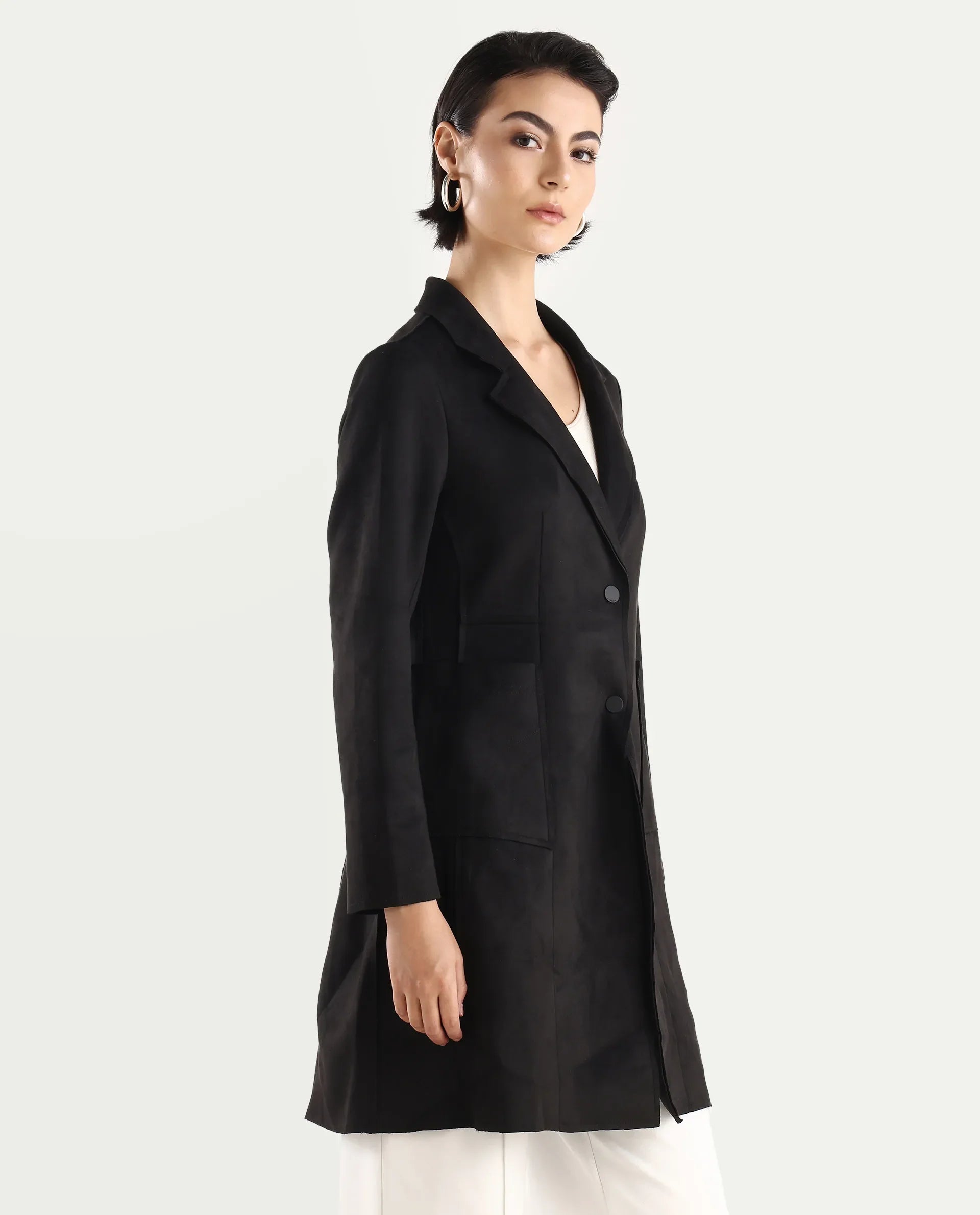 Rareism Women's Gawler Black Suede Lapel Neck Plain Midi Regular Fit Jacket