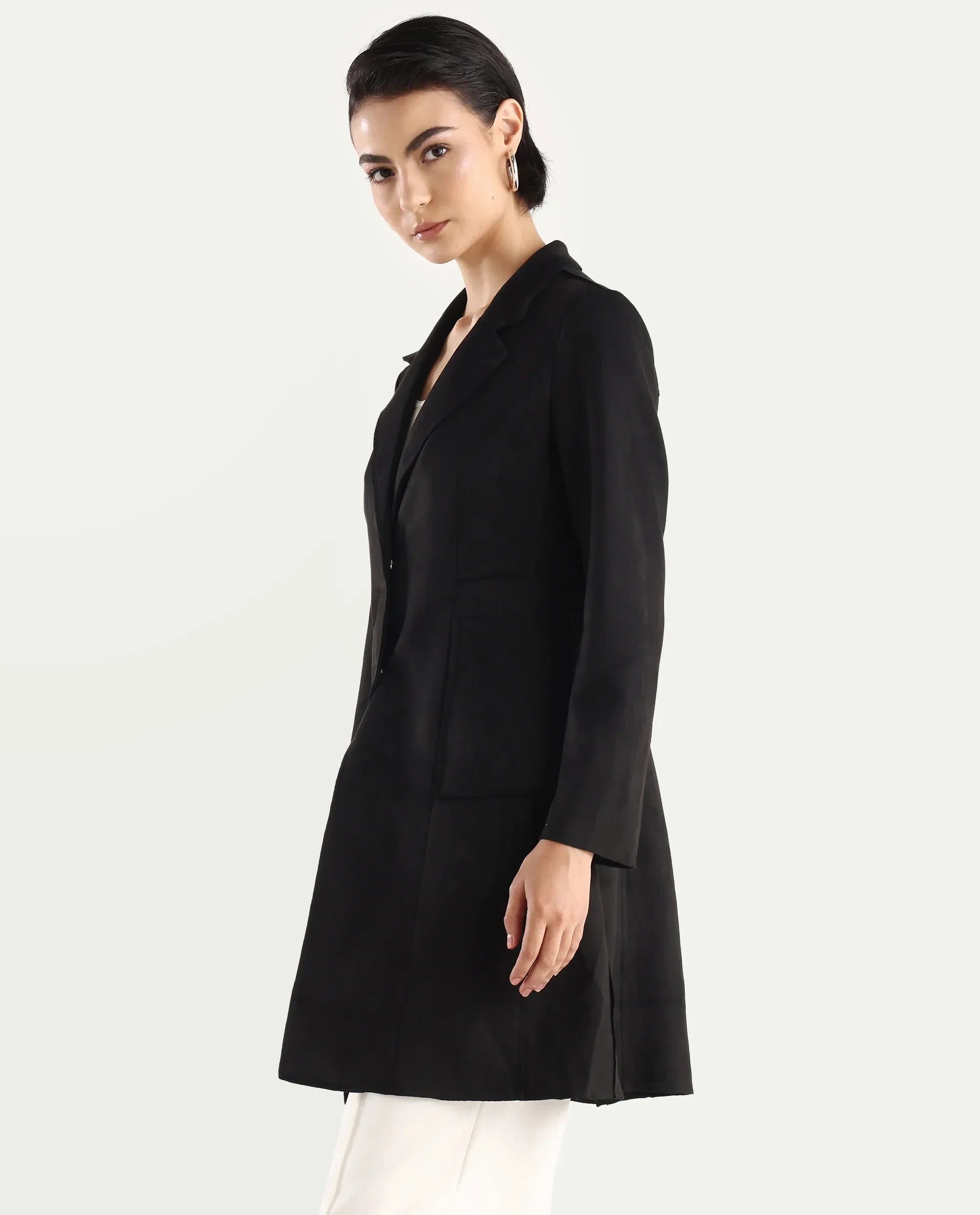Rareism Women's Gawler Black Polyester Blend Lapel Neck Plain Midi Regular Fit Jacket