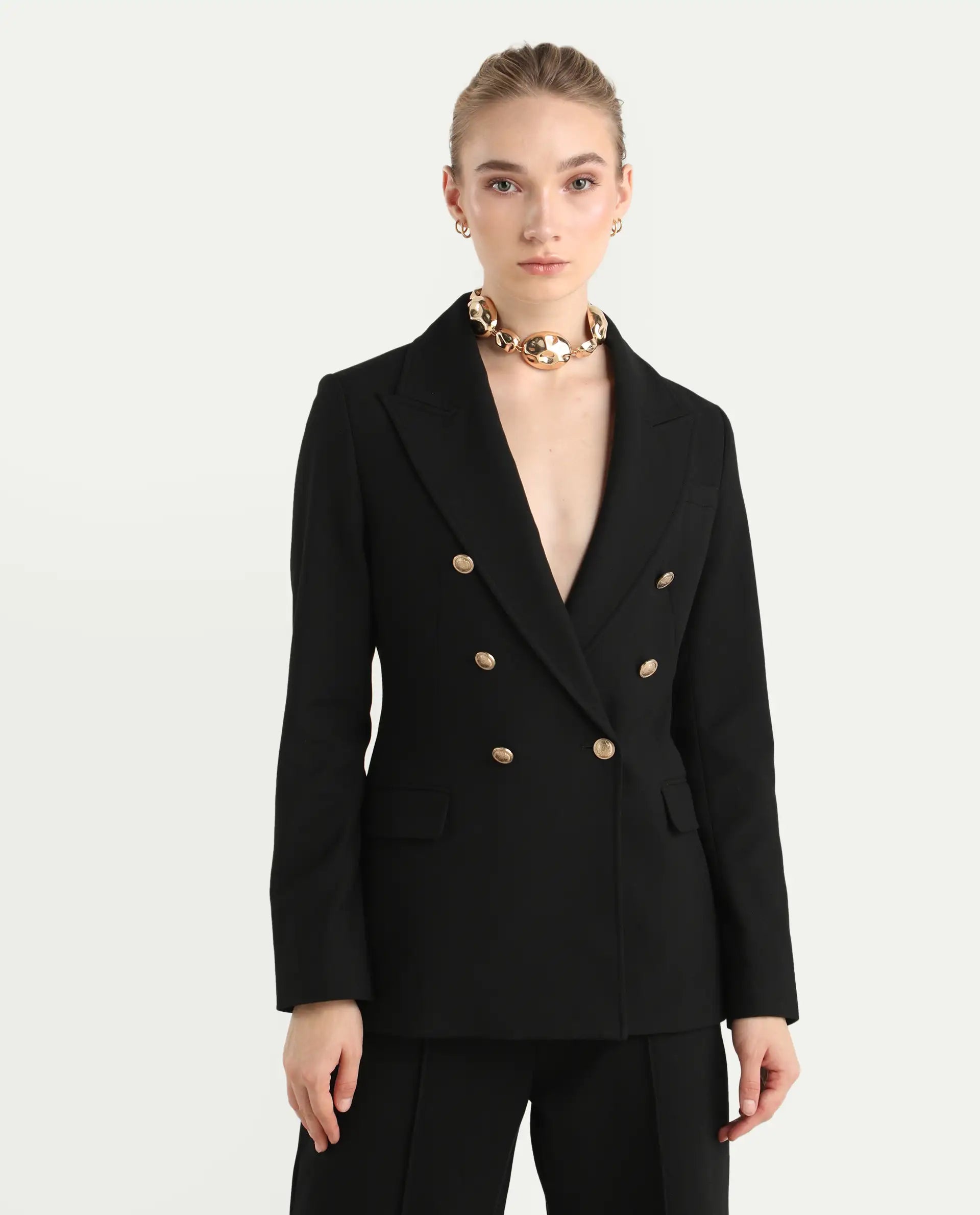 Rareism Women's Garoz Black Polyester Blend Fabric Full Sleeve Lapel Collar Plain Blazer