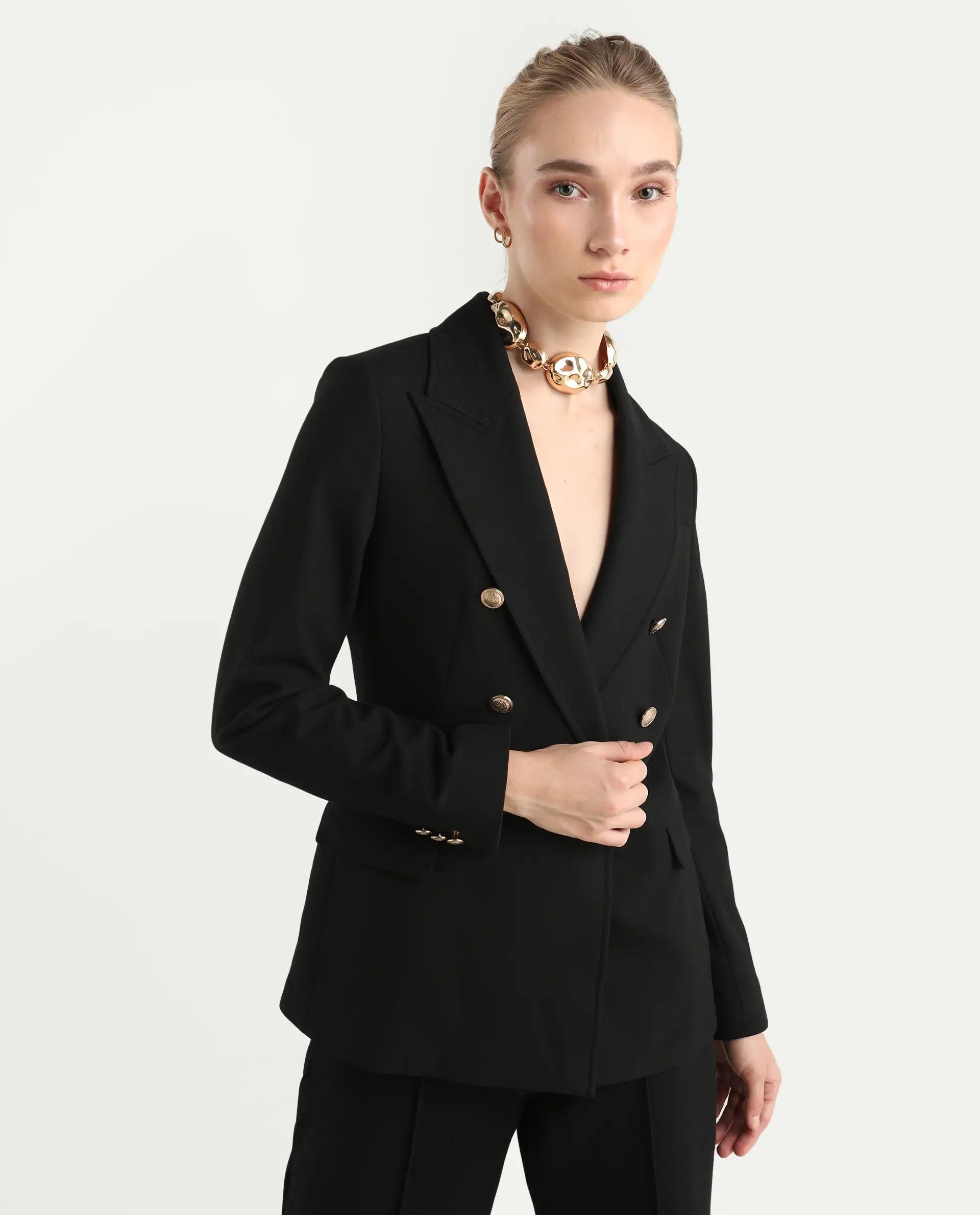 Rareism Women's Garoz Black Polyester Blend Fabric Full Sleeve Lapel Collar Plain Blazer