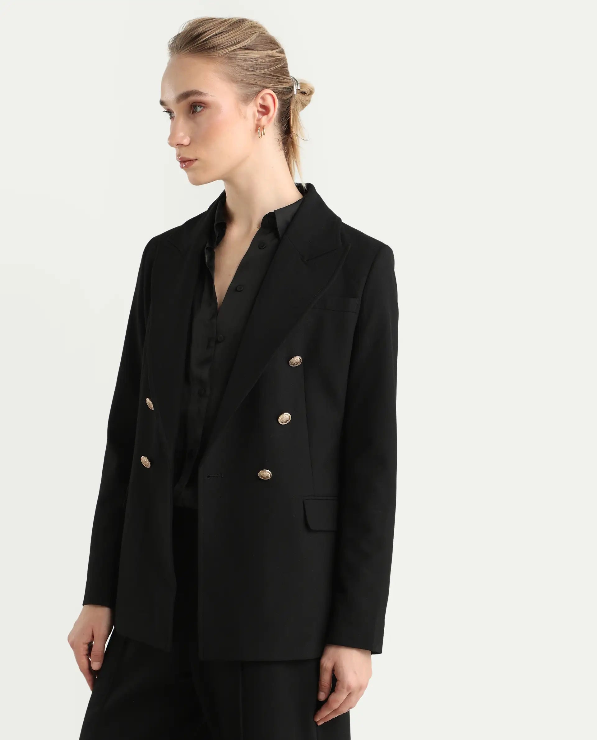 Rareism Women's Garoz Black Polyester Blend Fabric Full Sleeve Lapel Collar Plain Blazer