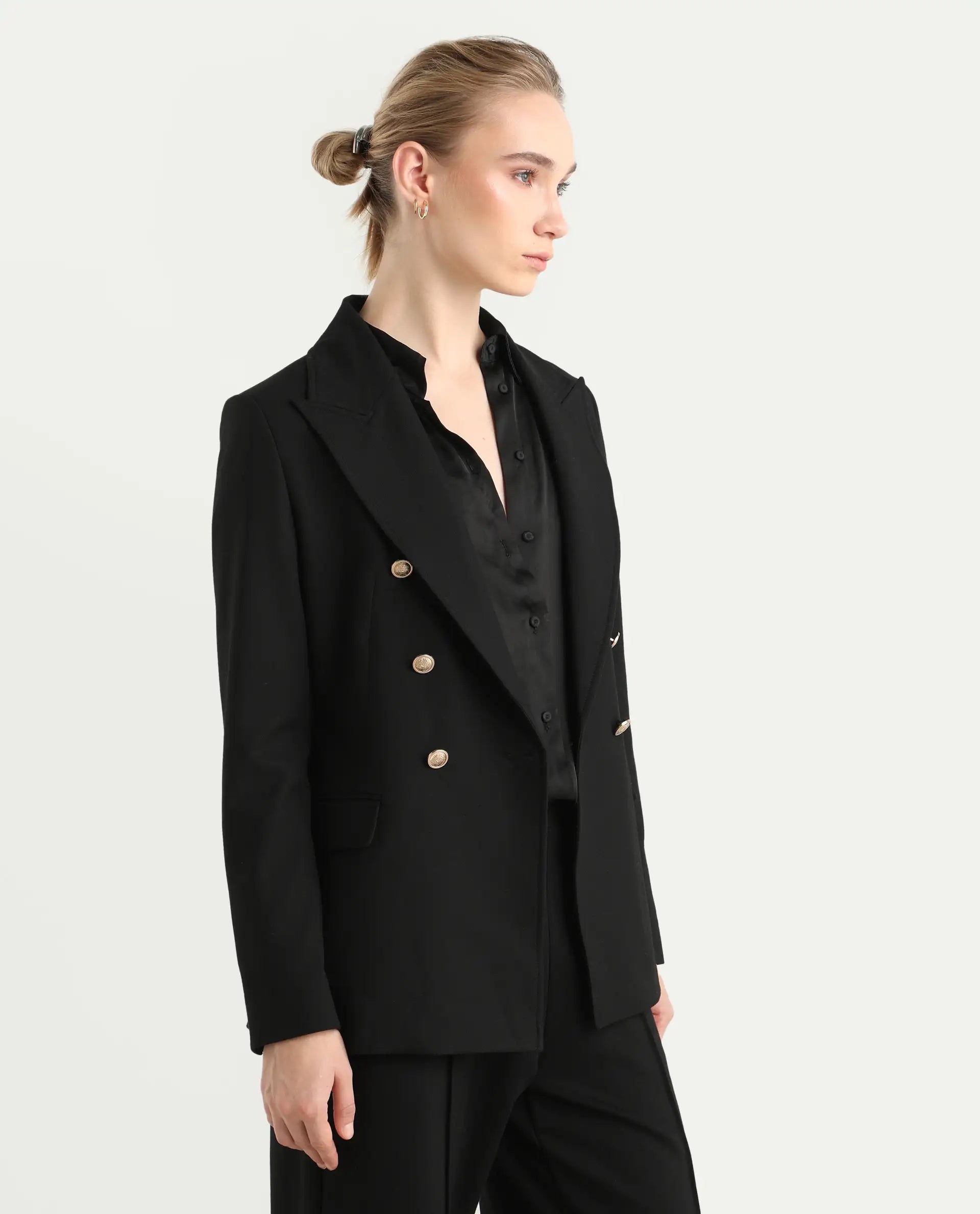 Rareism Women's Garoz Black Polyester Blend Fabric Full Sleeve Lapel Collar Plain Blazer