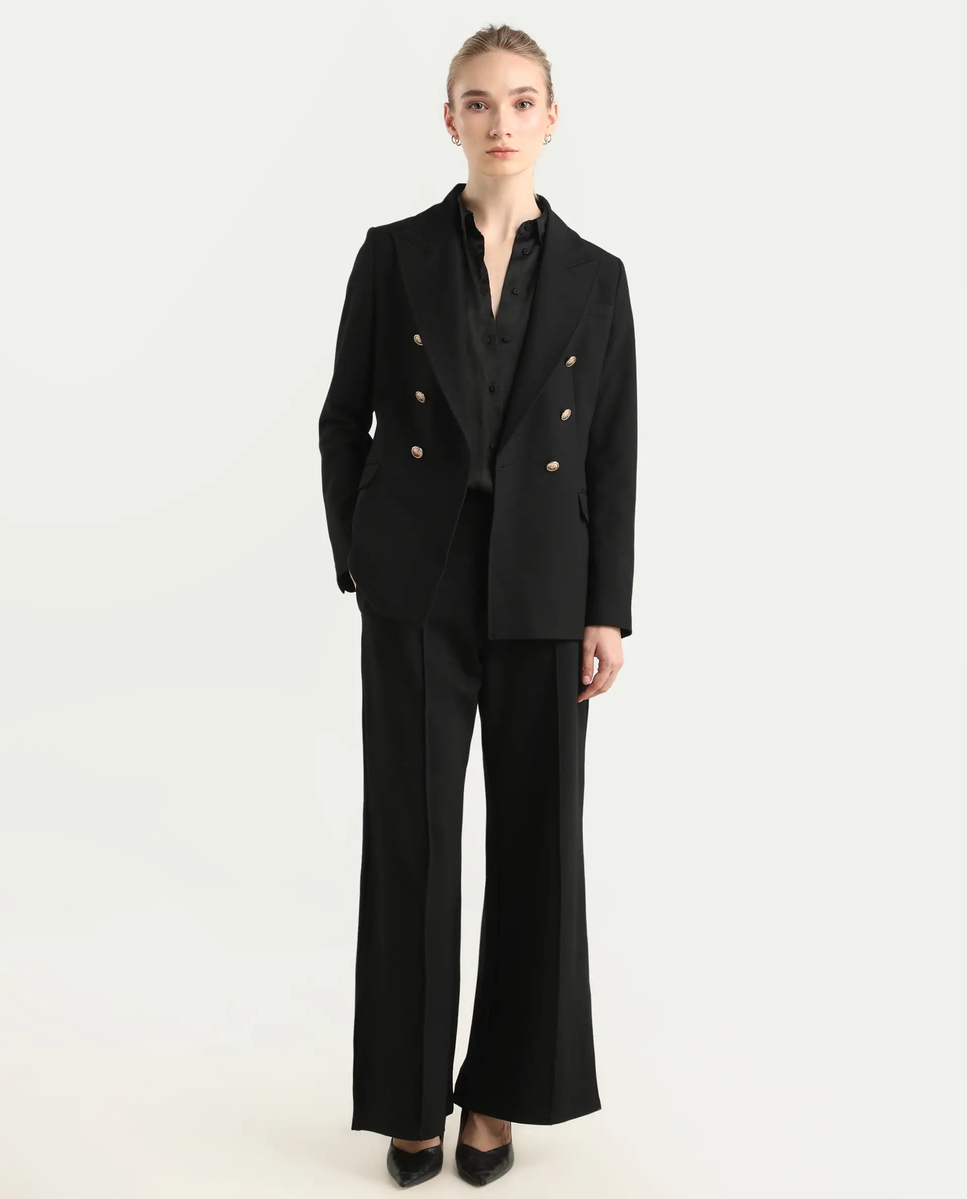 Rareism Women's Garoz Black Polyester Blend Fabric Full Sleeve Lapel Collar Plain Blazer