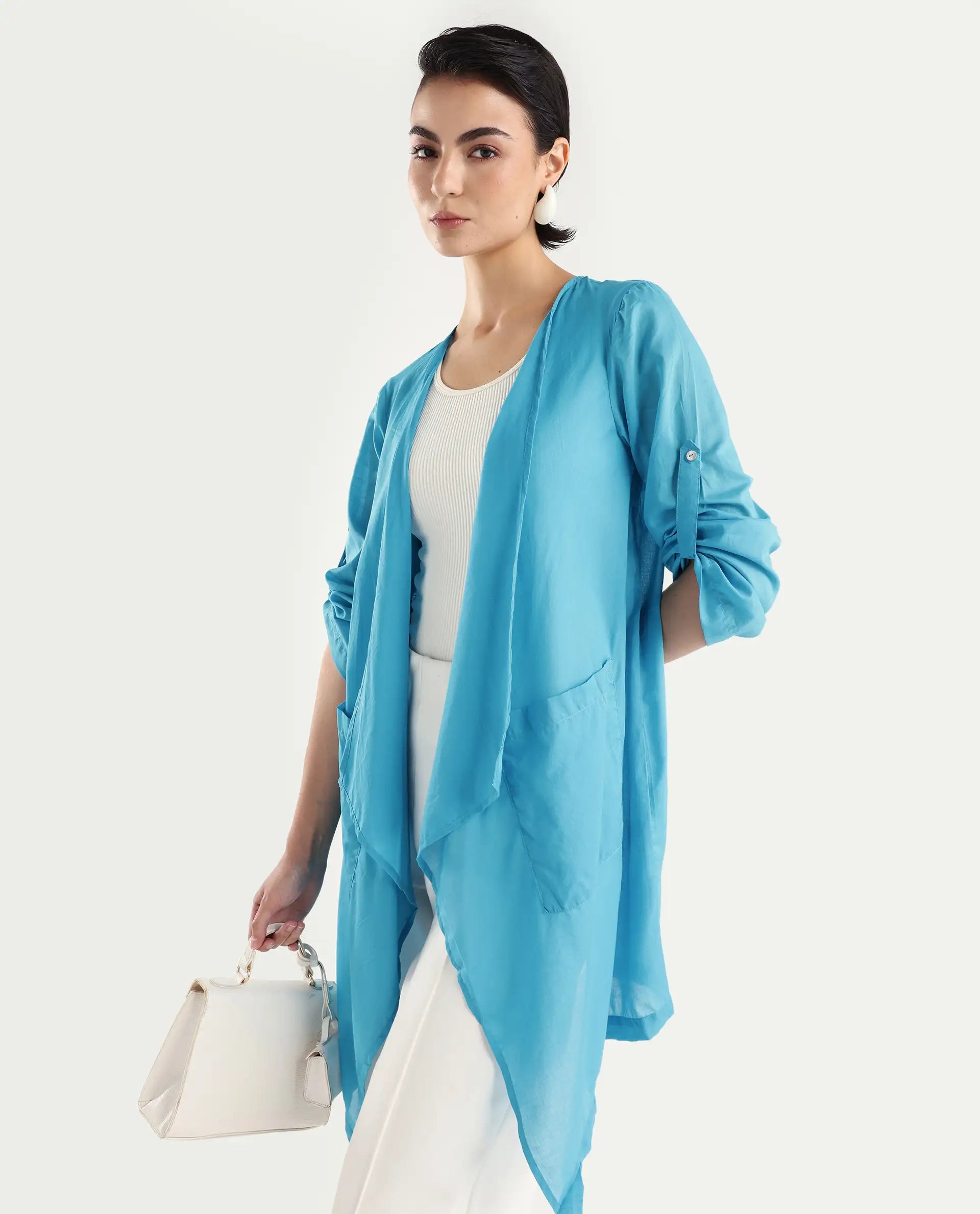 Rareism Women's Gazer Blue Cotton Collarless Regular Fit Outer Wear