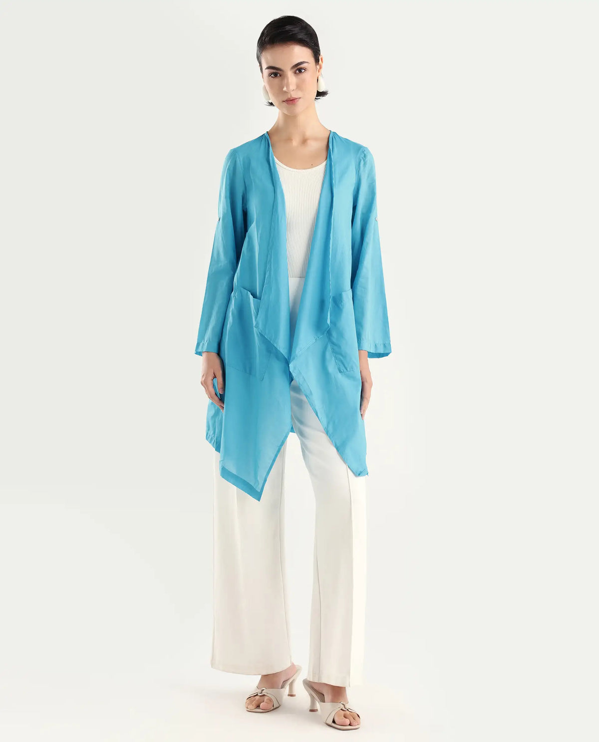 Rareism Women's Gazer Blue Cotton Collarless Regular Fit Outer Wear