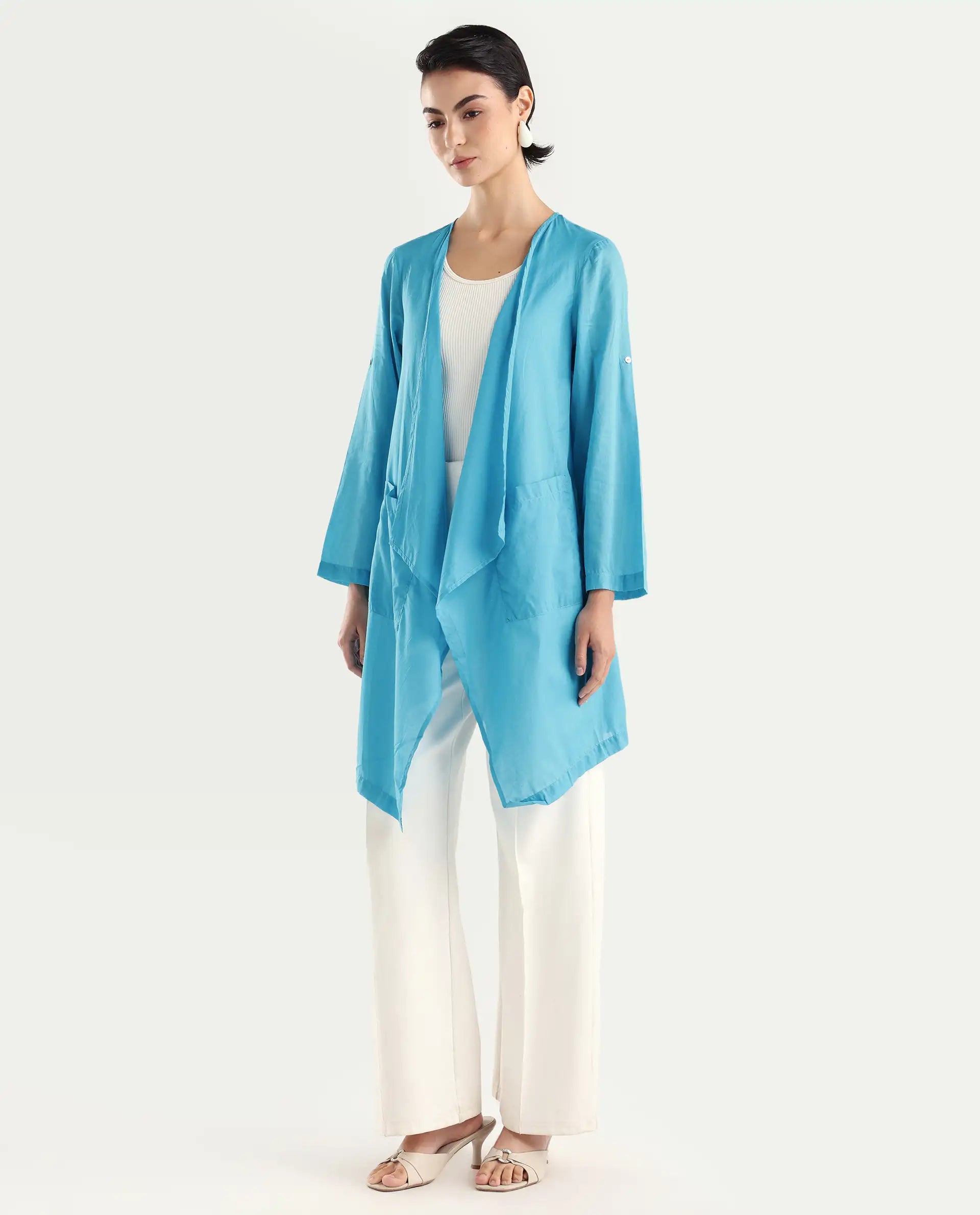 Rareism Women's Gazer Blue Cotton Collarless Regular Fit Outer Wear