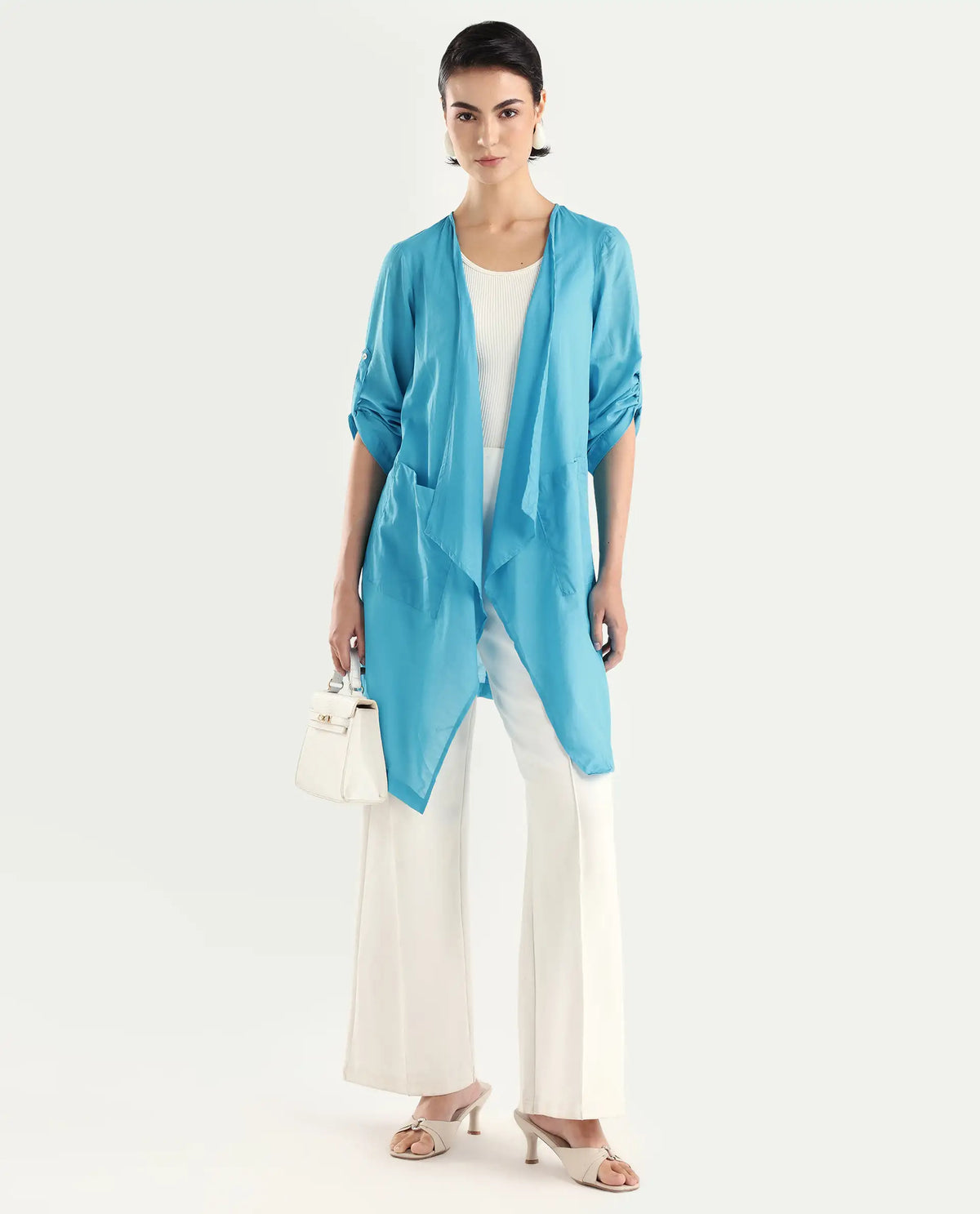 Rareism Women's Gazer Blue Cotton Collarless Regular Fit Outer Wear