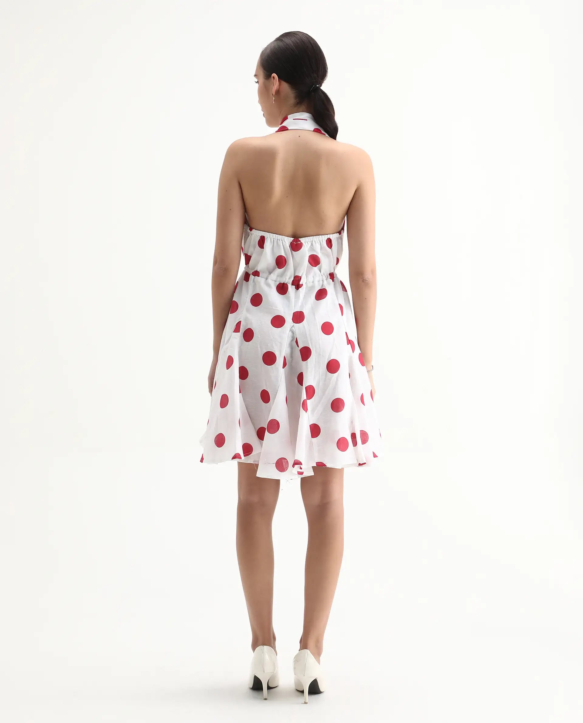 Rareism Women's Gela Red Linen Halter Neck Polka Print Sleeveless Mini Fit And Flare Dress