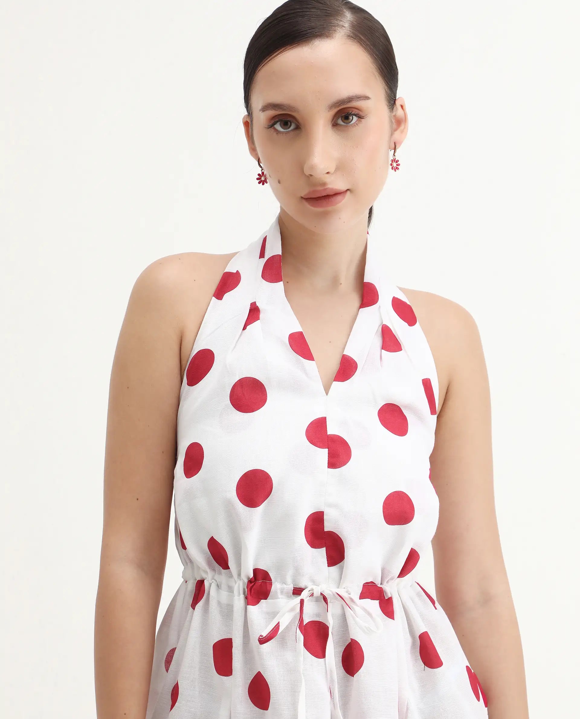 Rareism Women's Gela Red Linen Halter Neck Polka Print Sleeveless Mini Fit And Flare Dress