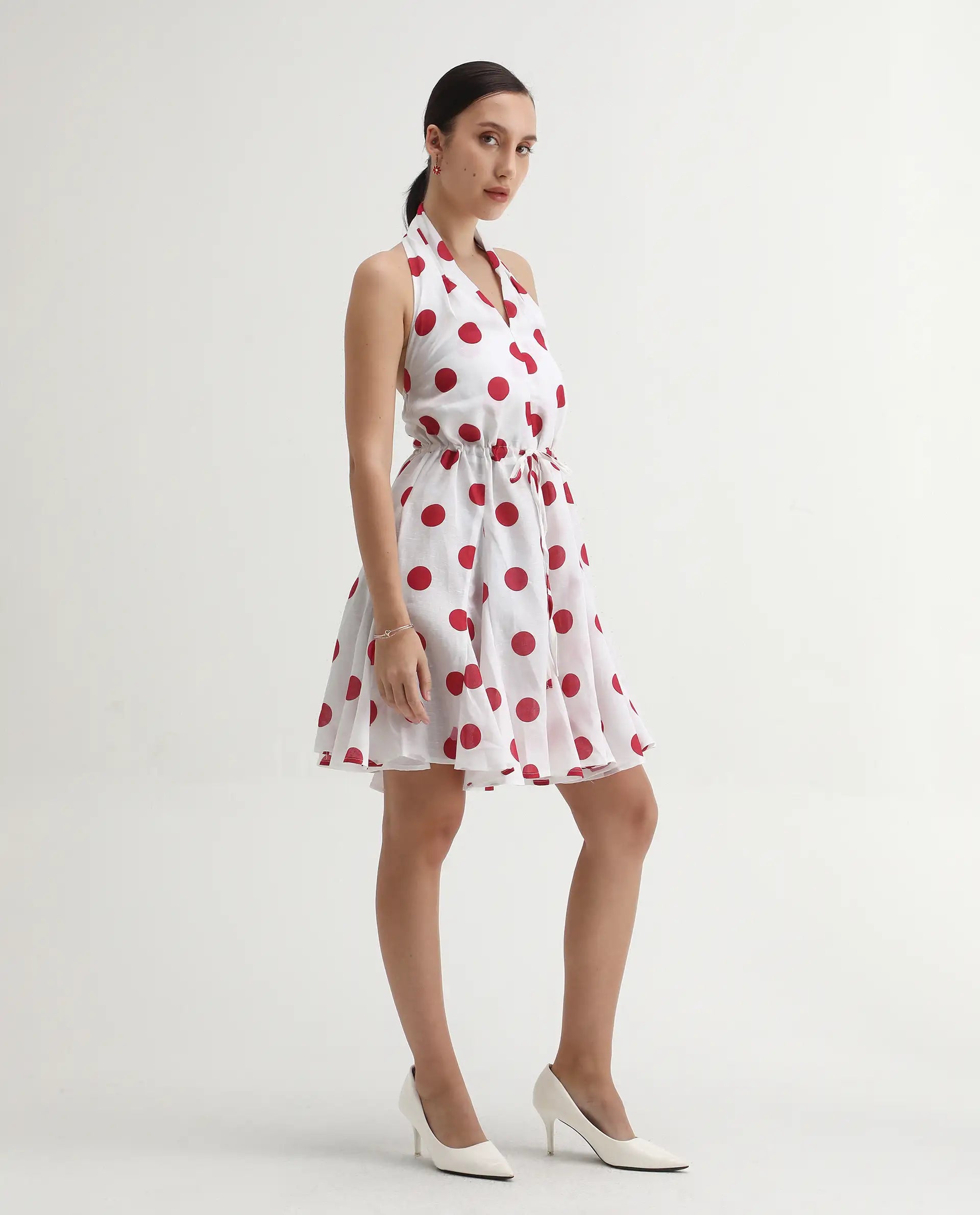 Rareism Women's Gela Red Linen Halter Neck Polka Print Sleeveless Mini Fit And Flare Dress