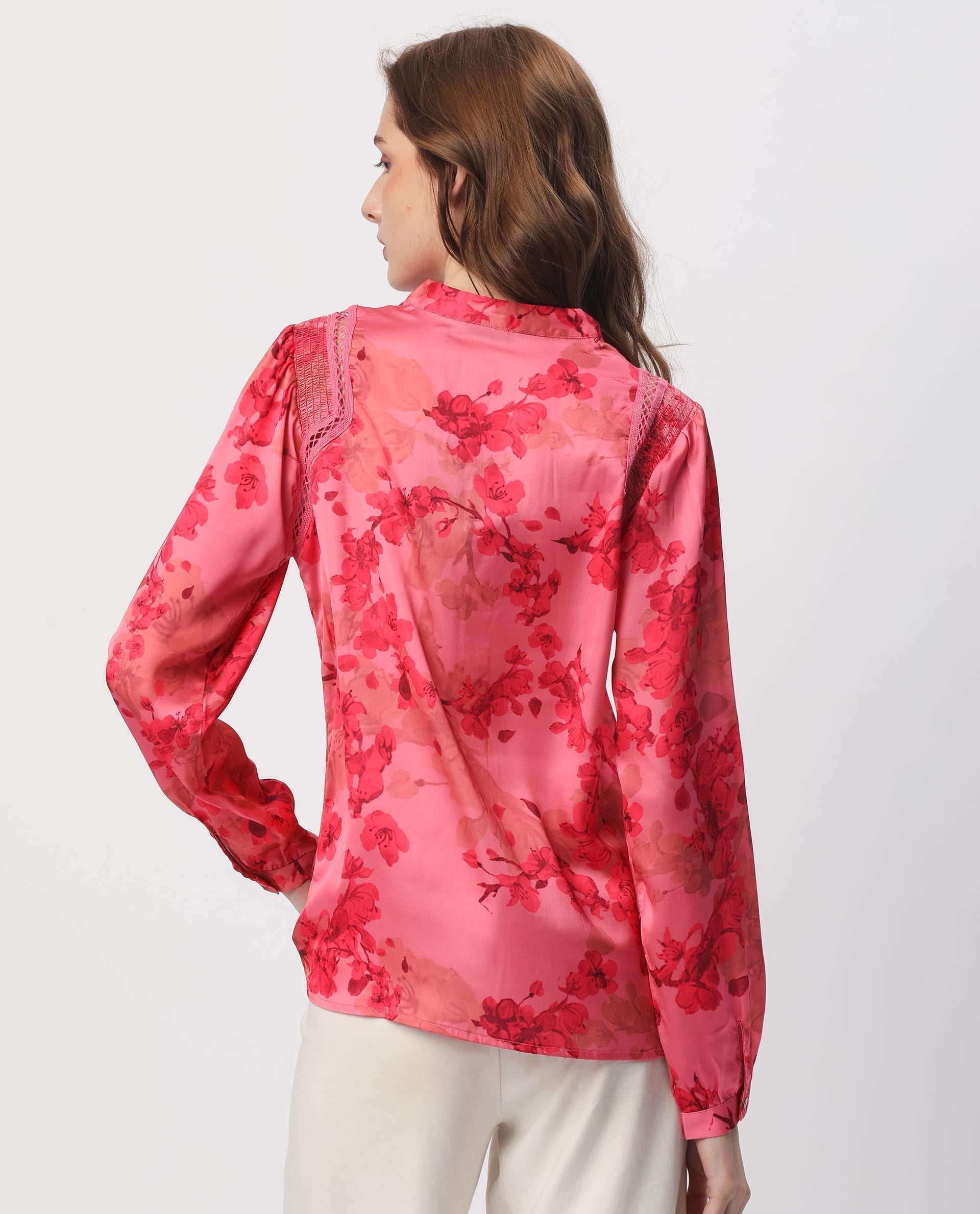 Rareism Women's Gelbs Pink Polyester Mandarin Collar Floral Print Knee Length Regular Fit Top