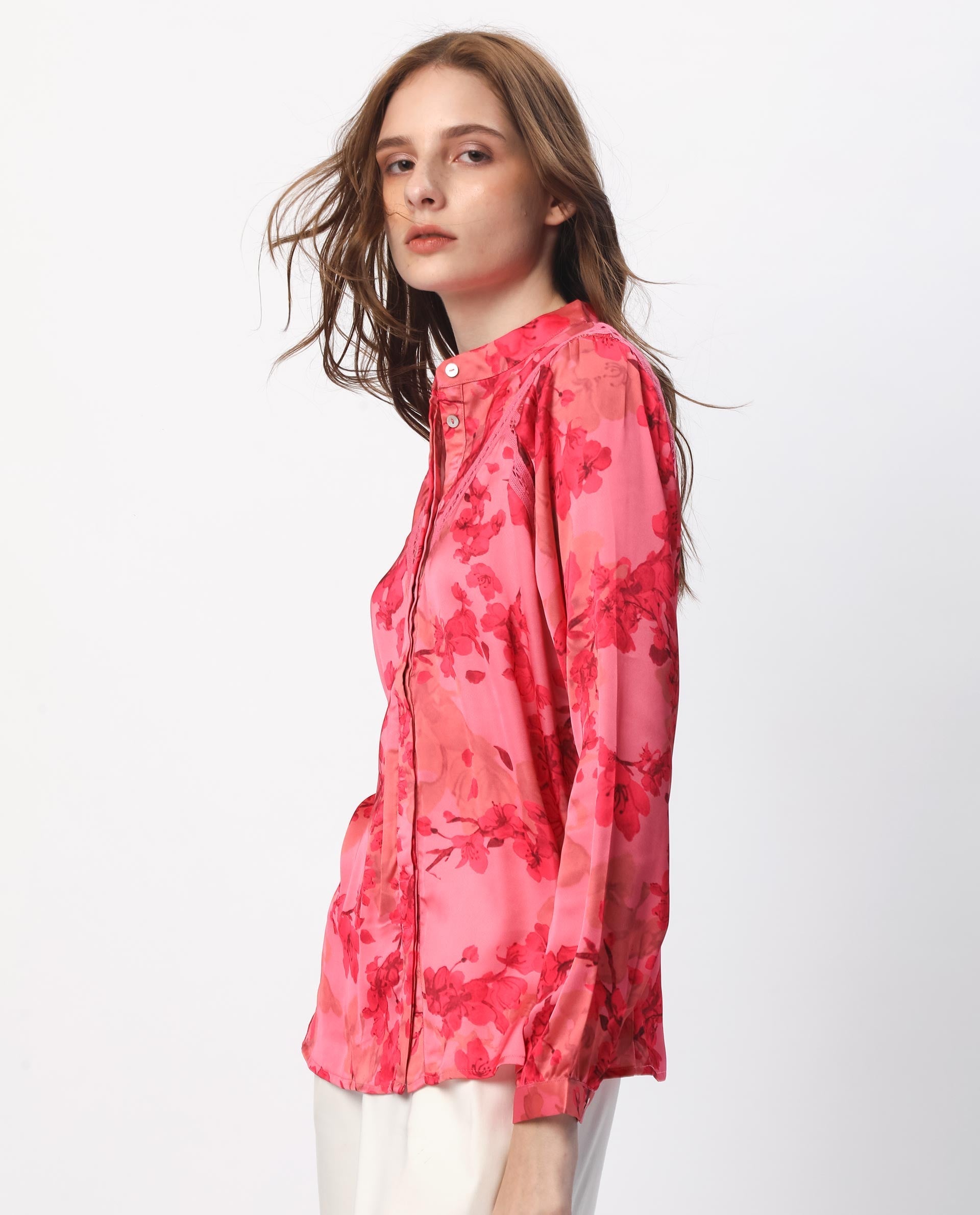 Rareism Women's Gelbs Pink Polyester Mandarin Collar Floral Print Knee Length Regular Fit Top