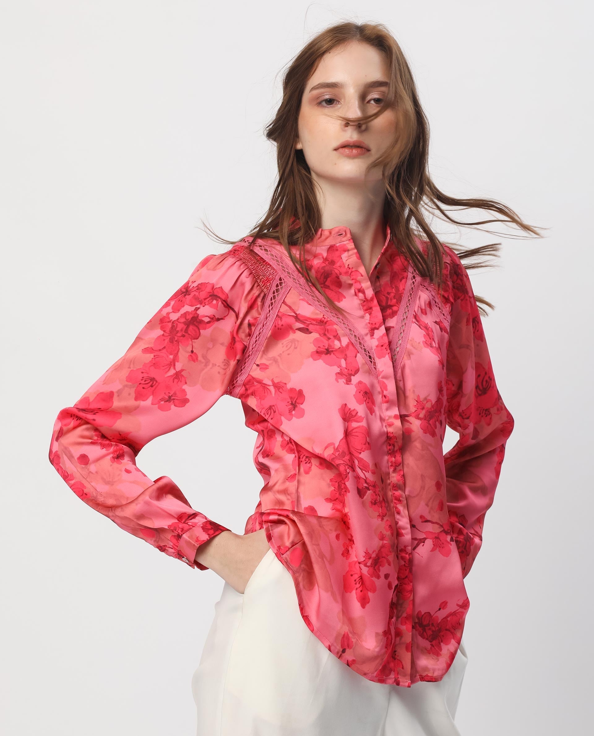 Rareism Women's Gelbs Pink Polyester Mandarin Collar Floral Print Knee Length Regular Fit Top