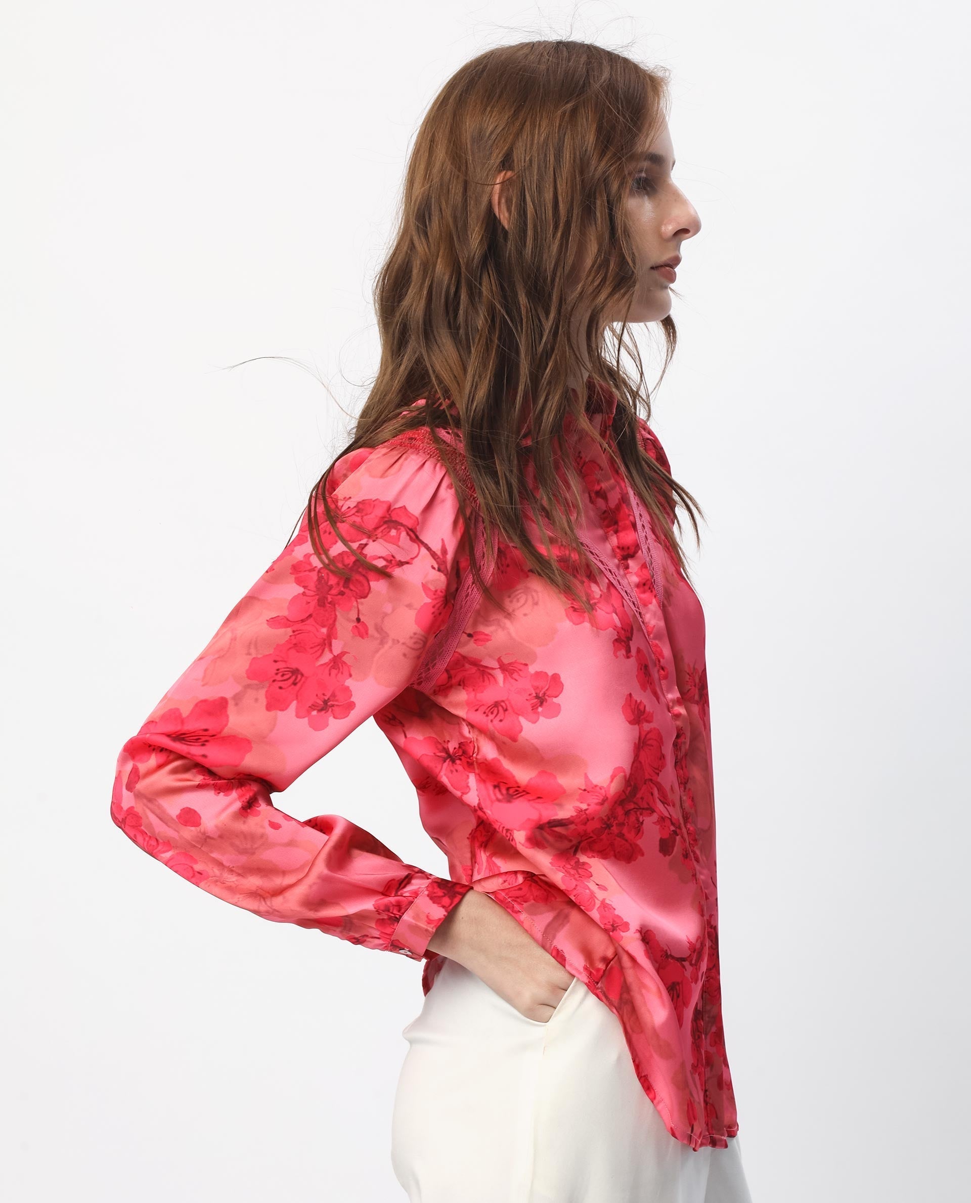 Rareism Women's Gelbs Pink Polyester Mandarin Collar Floral Print Knee Length Regular Fit Top