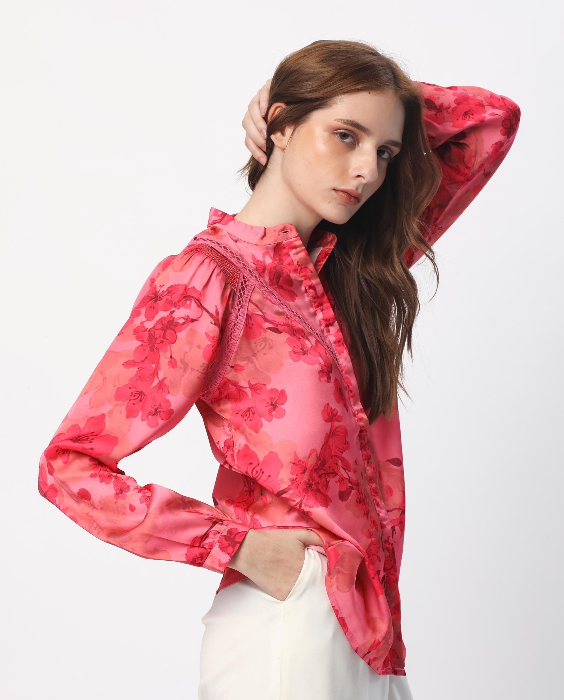 Rareism Women's Gelbs Pink Polyester Mandarin Collar Floral Print Knee Length Regular Fit Top