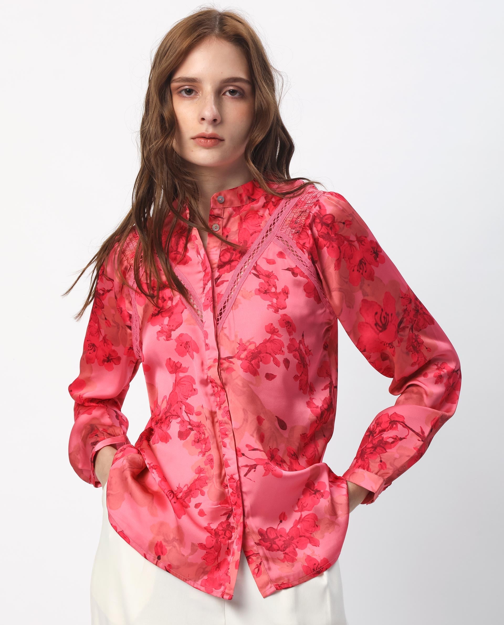 Rareism Women's Gelbs Pink Polyester Mandarin Collar Floral Print Knee Length Regular Fit Top