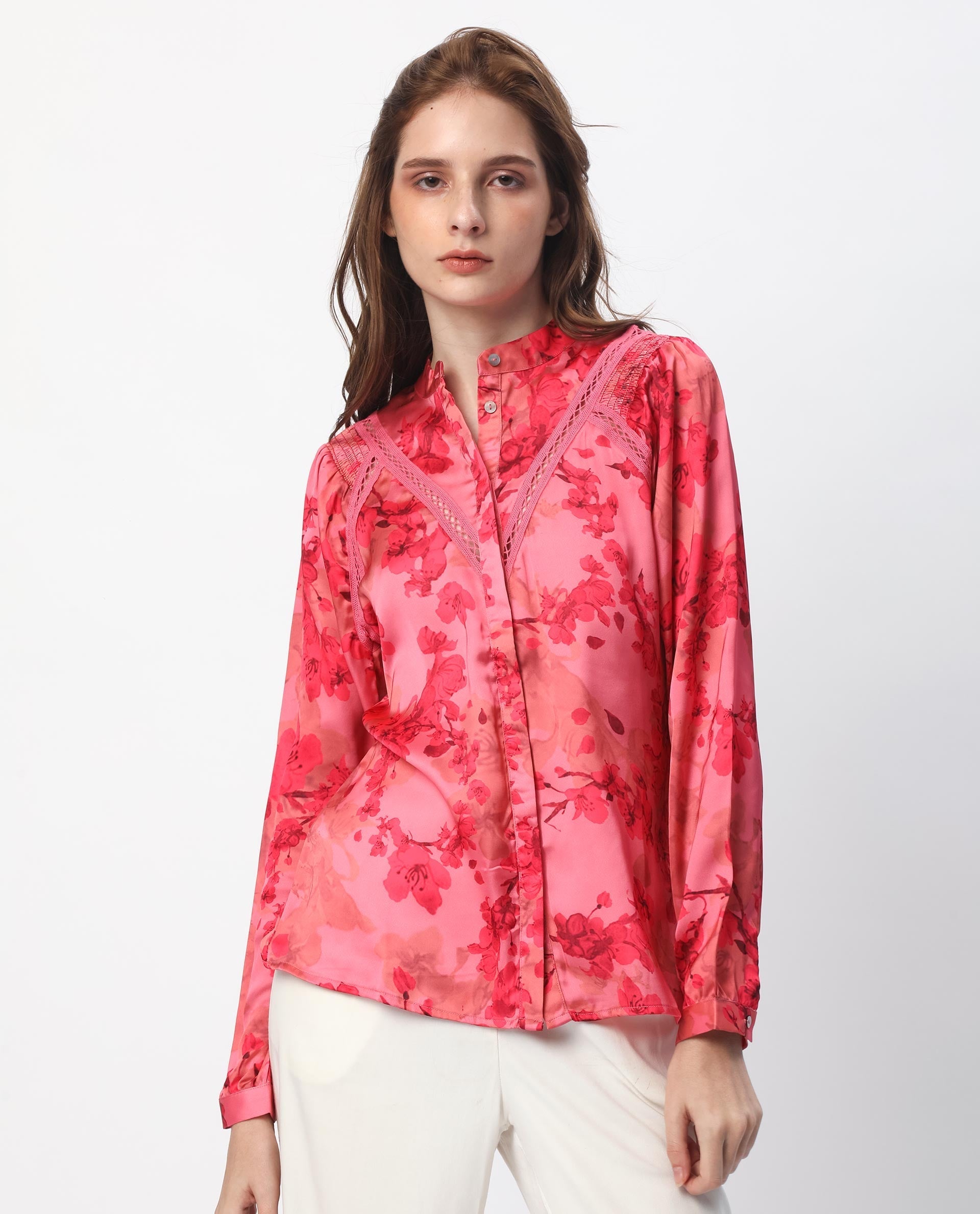 Rareism Women's Gelbs Pink Polyester Mandarin Collar Floral Print Knee Length Regular Fit Top