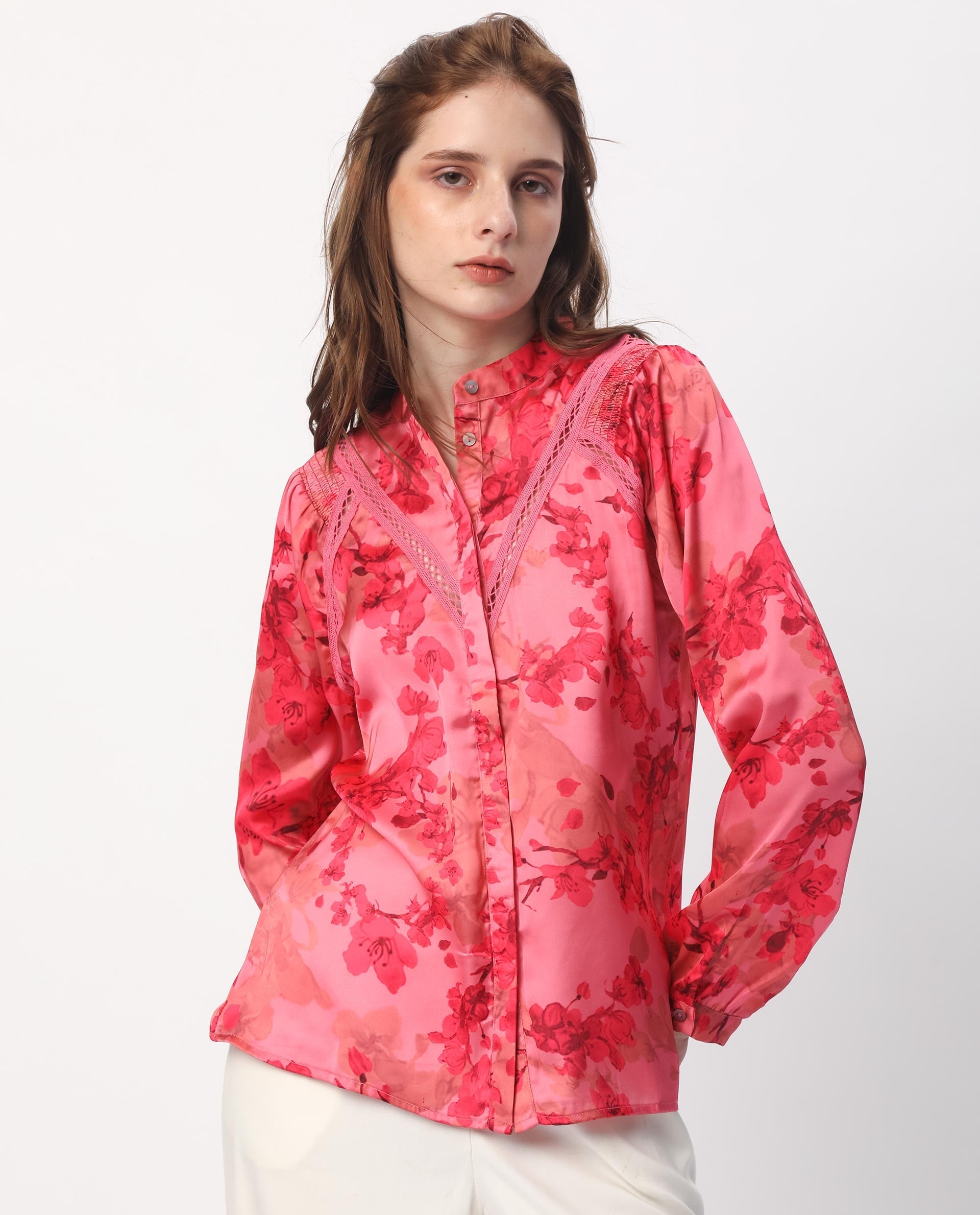 Rareism Women's Gelbs Pink Polyester Mandarin Collar Floral Print Knee Length Regular Fit Top