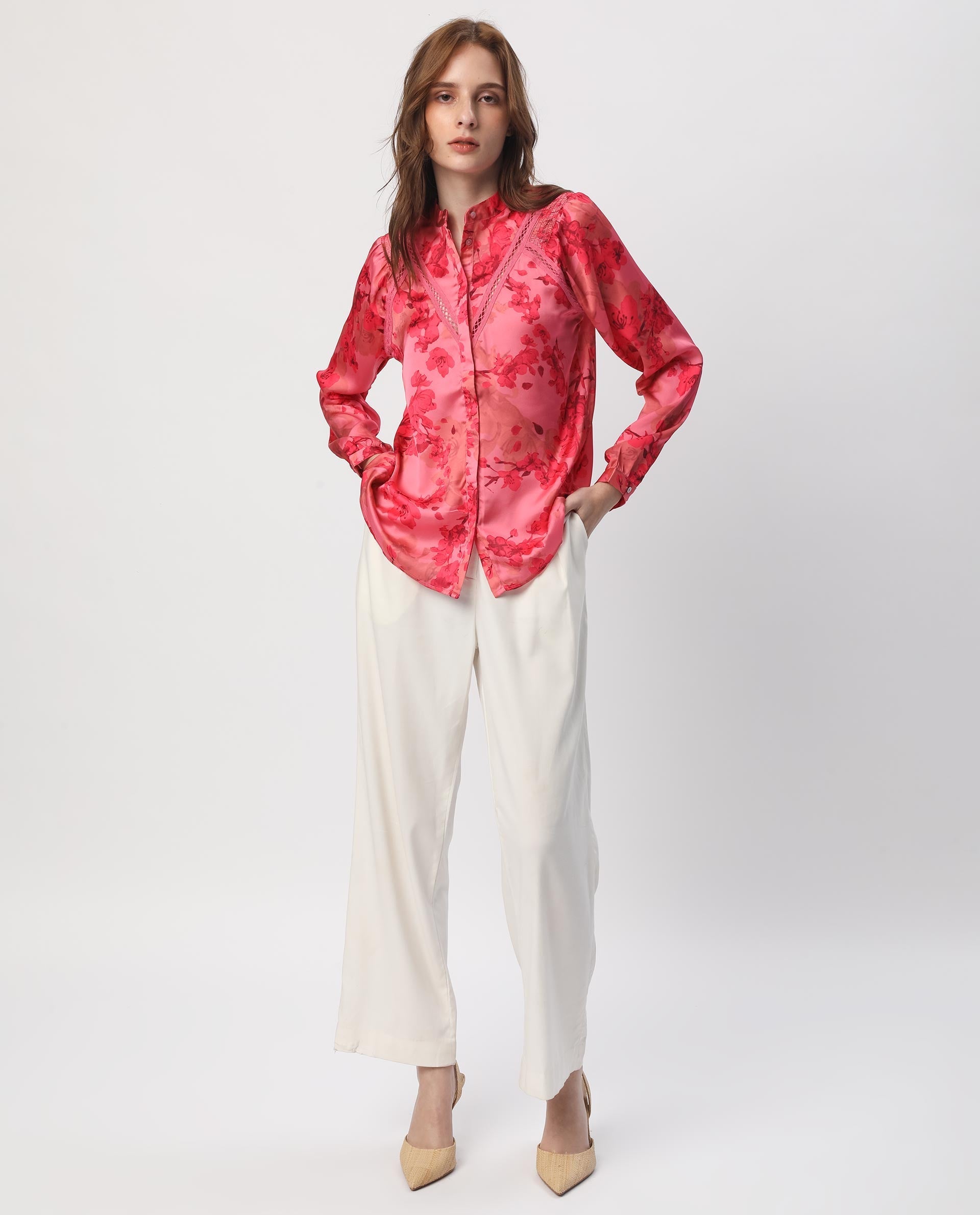Rareism Women's Gelbs Pink Polyester Mandarin Collar Floral Print Knee Length Regular Fit Top