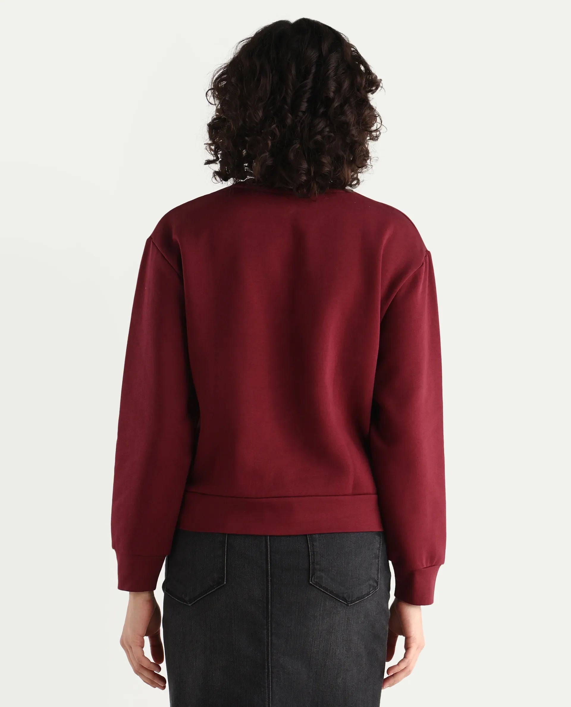 Rareism Women's Geldia Maroon Cotton Blend Crew Neck Graphic Print Relaxed Fit Sweatshirt